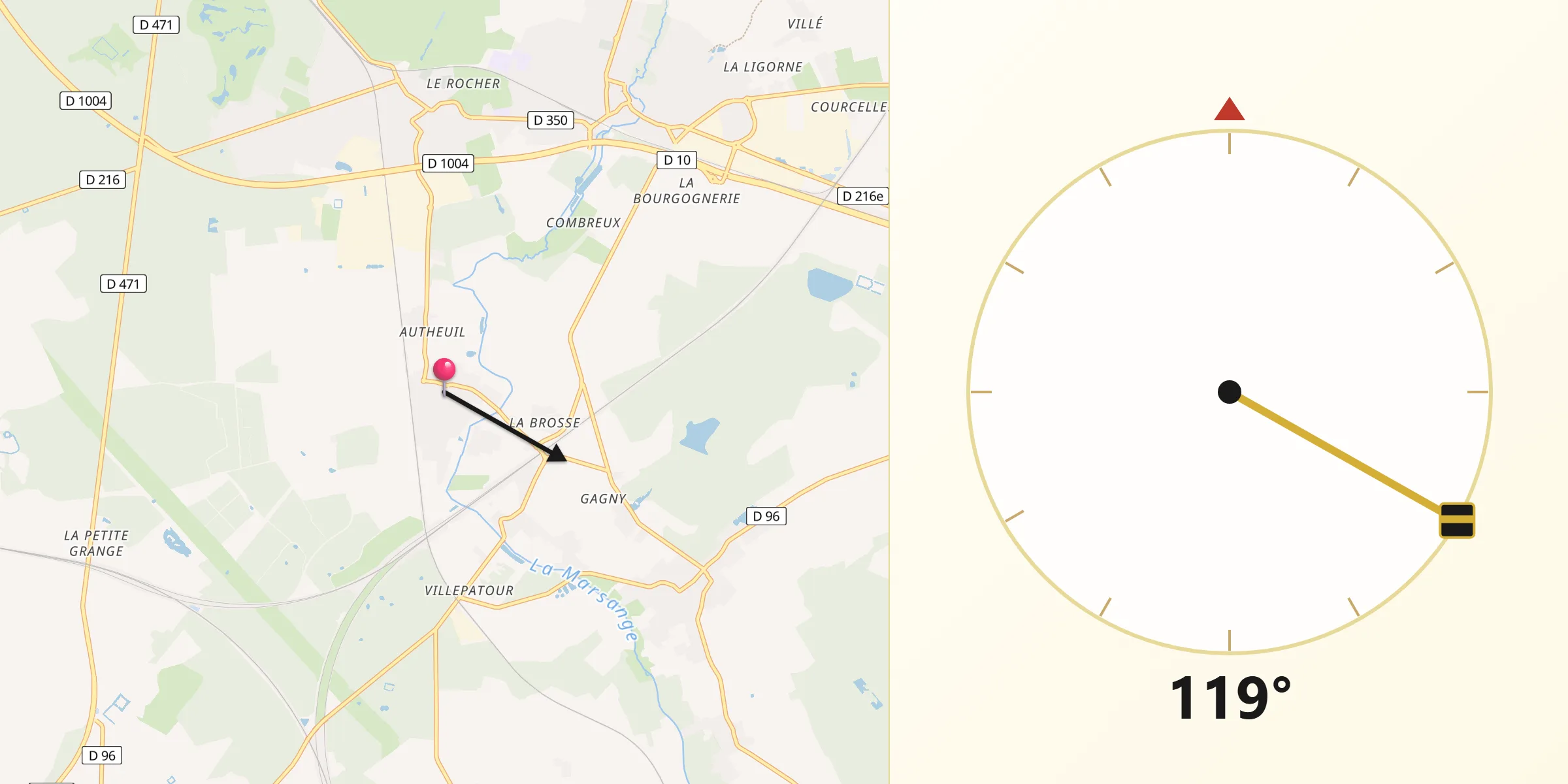Direction vers la Qibla depuis Presles-en-Brie