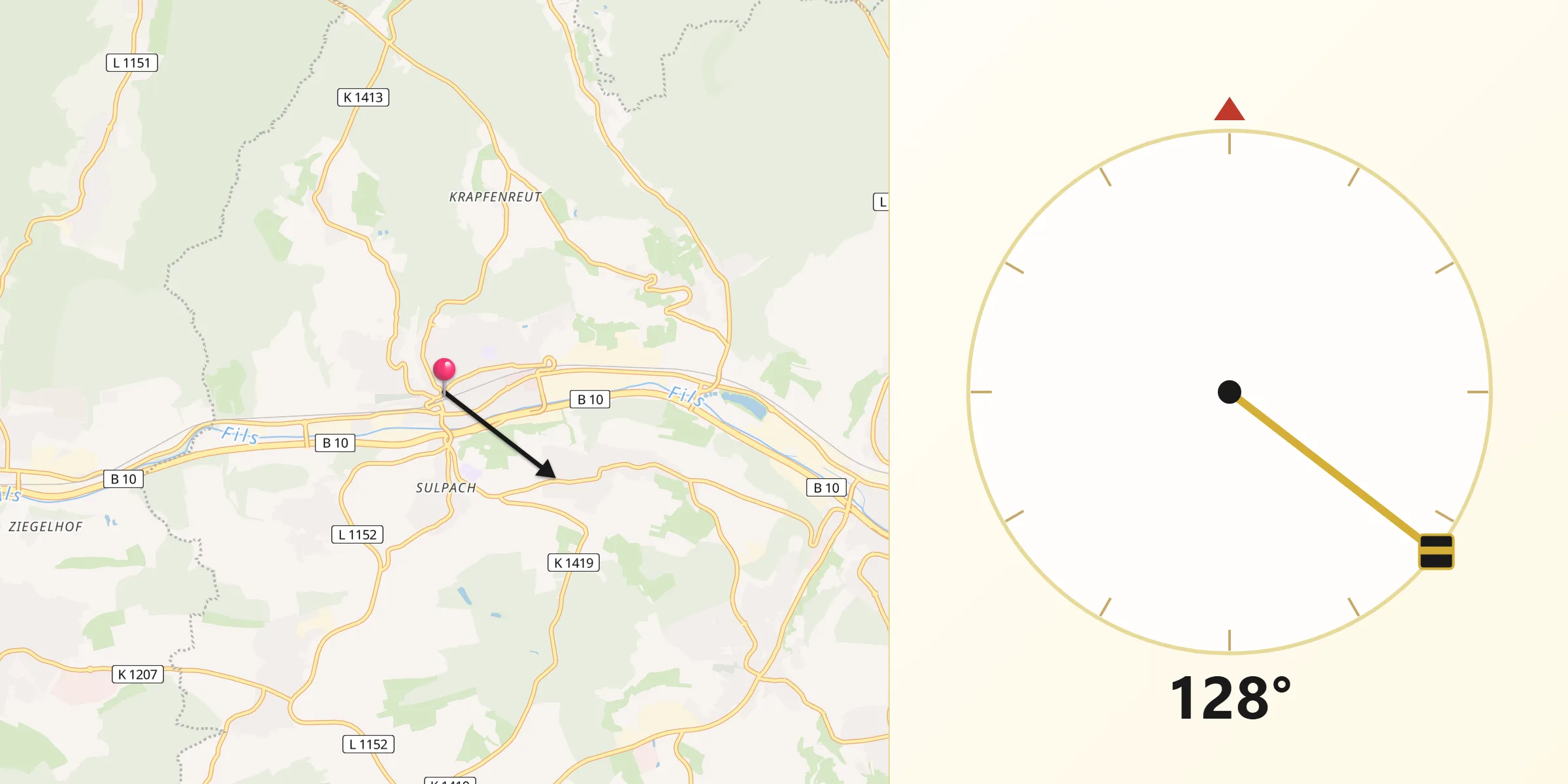 Qibla-Richtung von Ebersbach an der Fils