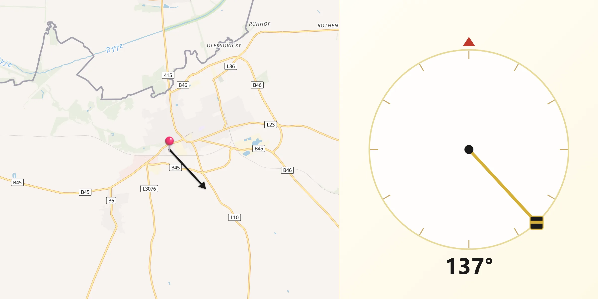 Qibla-Richtung von Laa an der Thaya