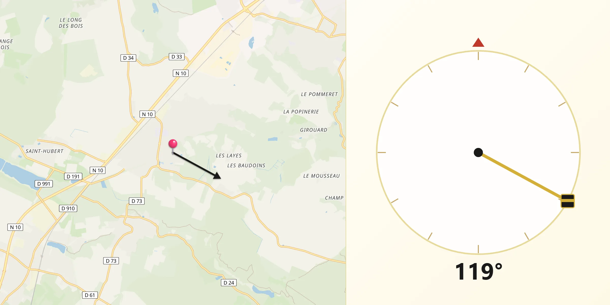 Direction vers la Qibla depuis Les Essarts-le-Roi