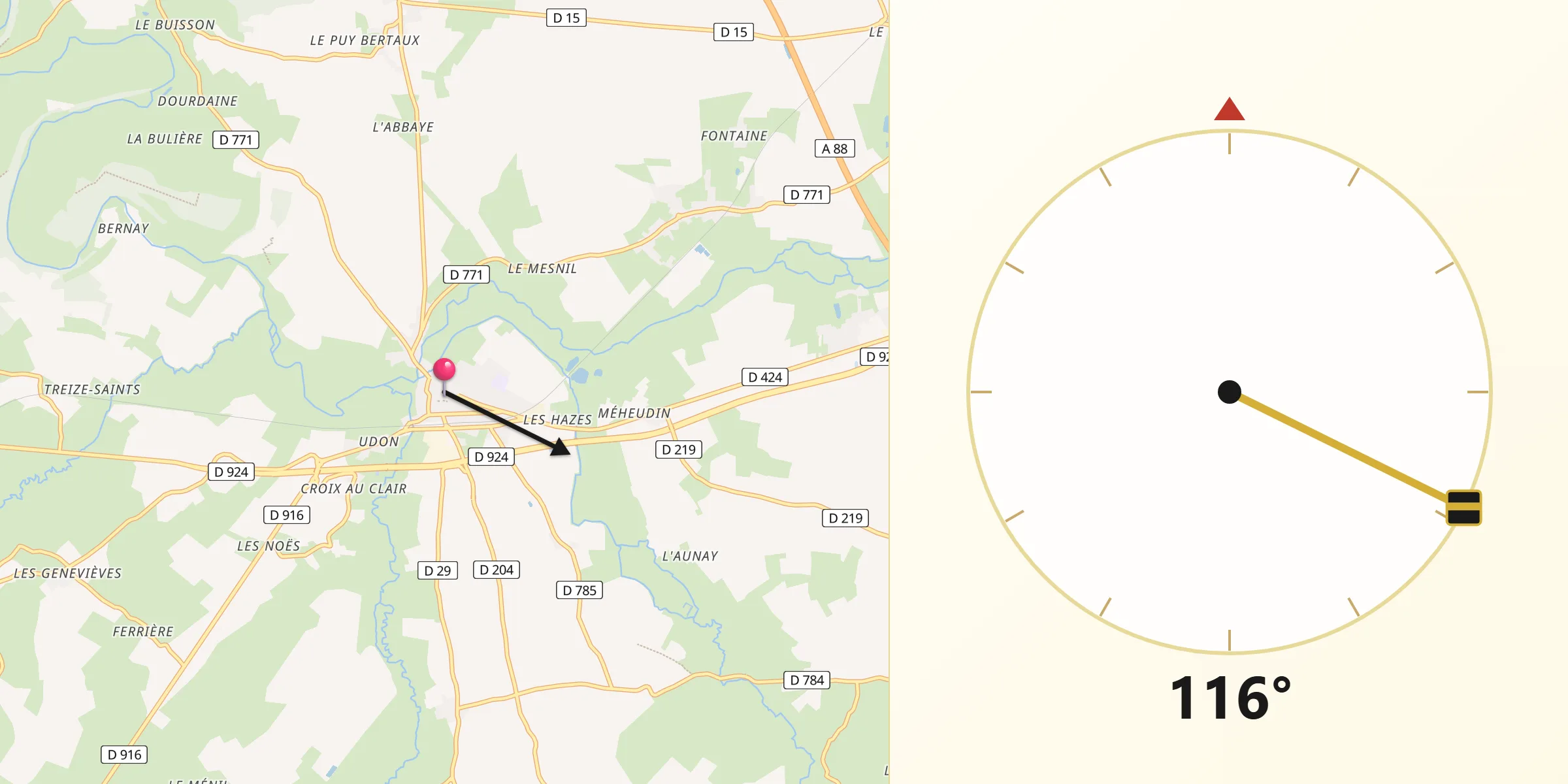 Direction vers la Qibla depuis Écouché