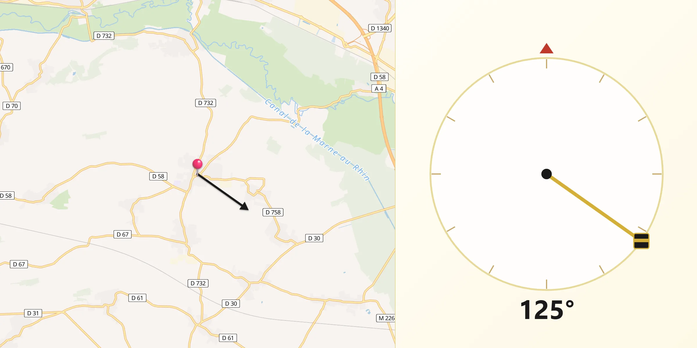 Direction vers la Qibla depuis Wingersheim