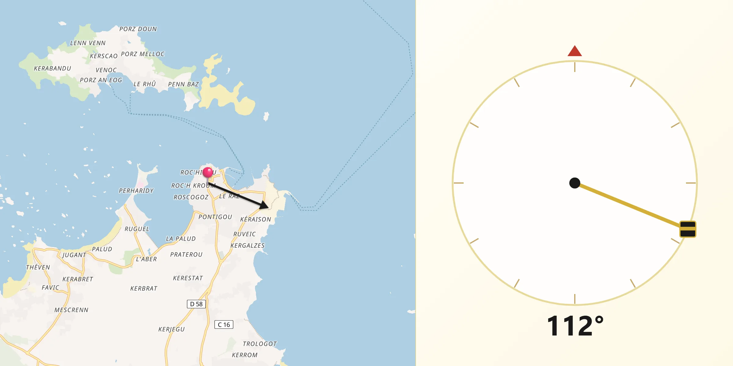 Direction vers la Qibla depuis Roscoff