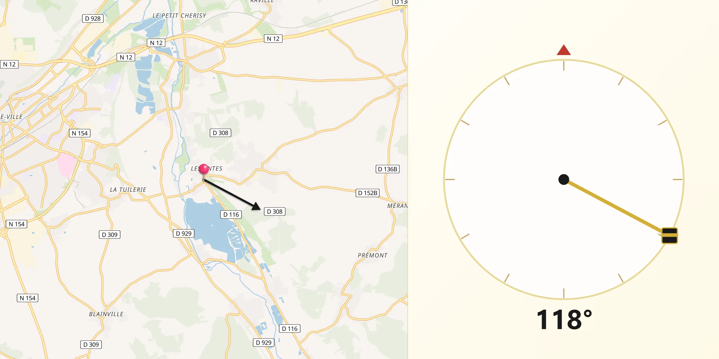 Direction vers la Qibla depuis Mézières-en-Drouais