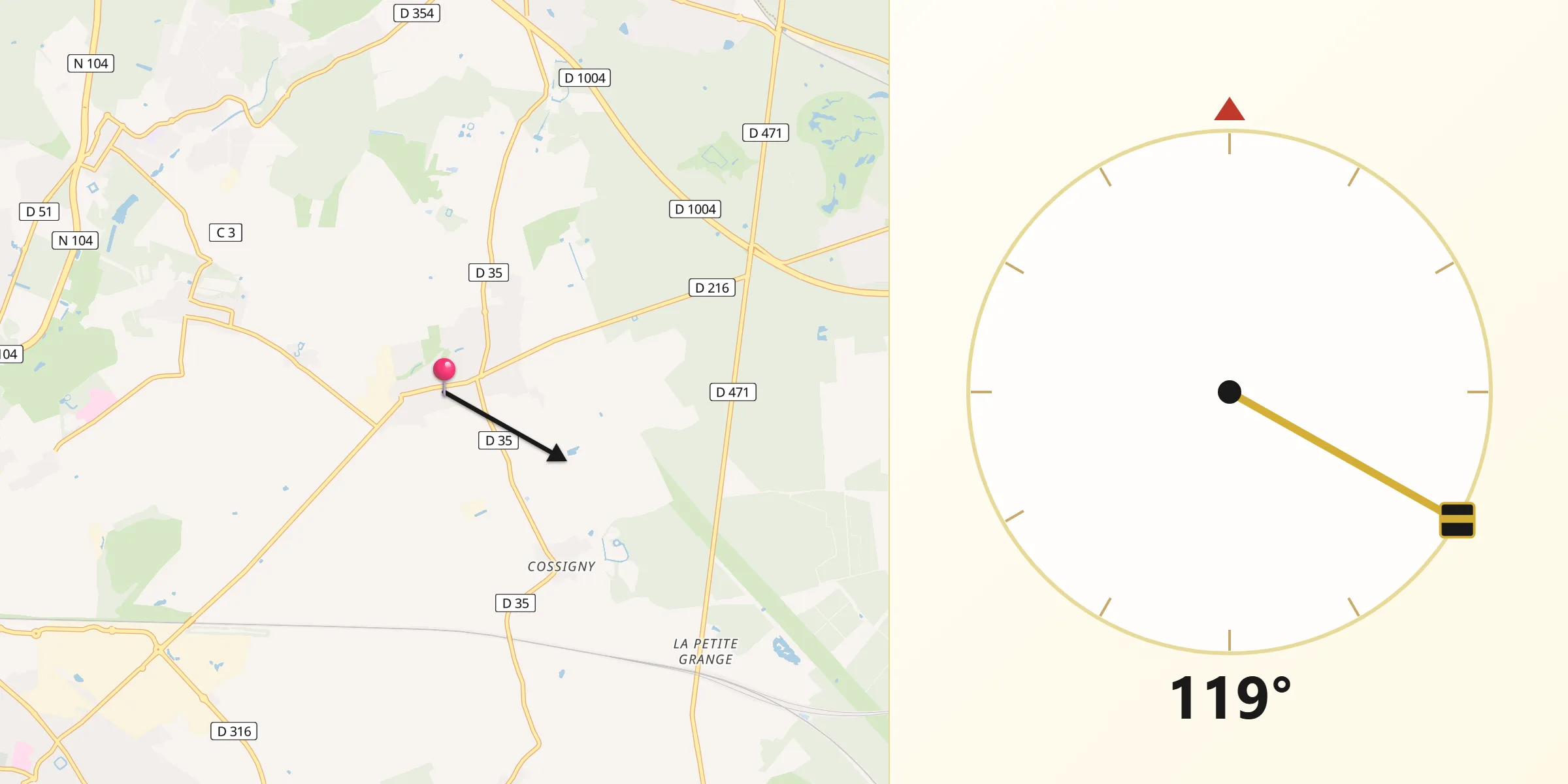 Direction vers la Qibla depuis Chevry-Cossigny