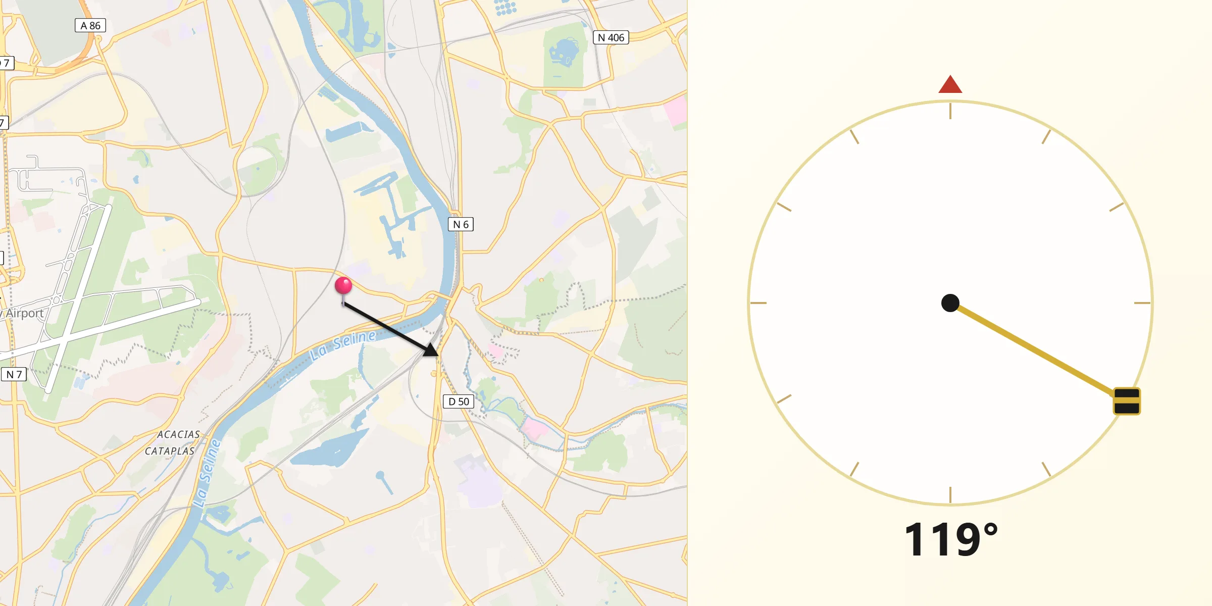 Direction vers la Qibla depuis Ablon-sur-Seine