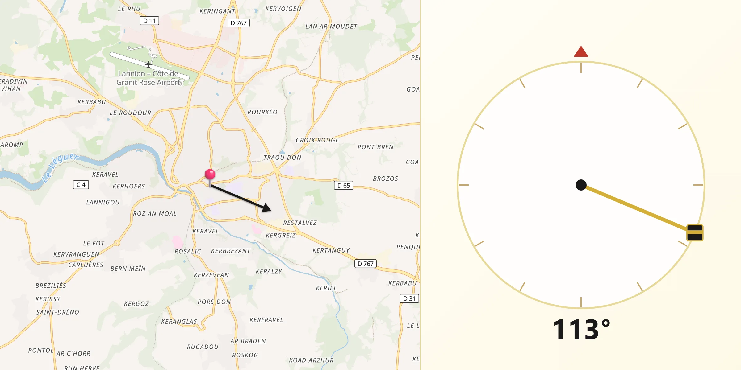 Direction vers la Qibla depuis Lannion