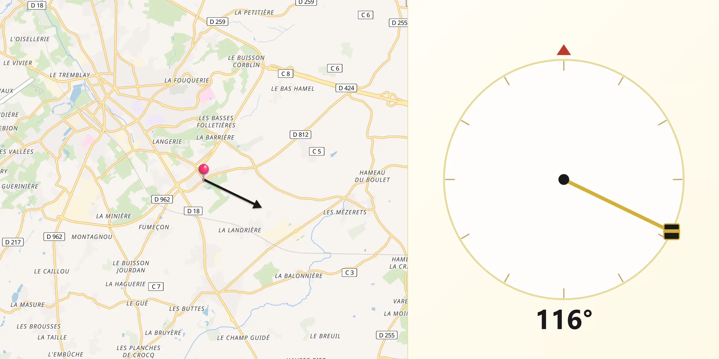 Direction vers la Qibla depuis La Selle-la-Forge