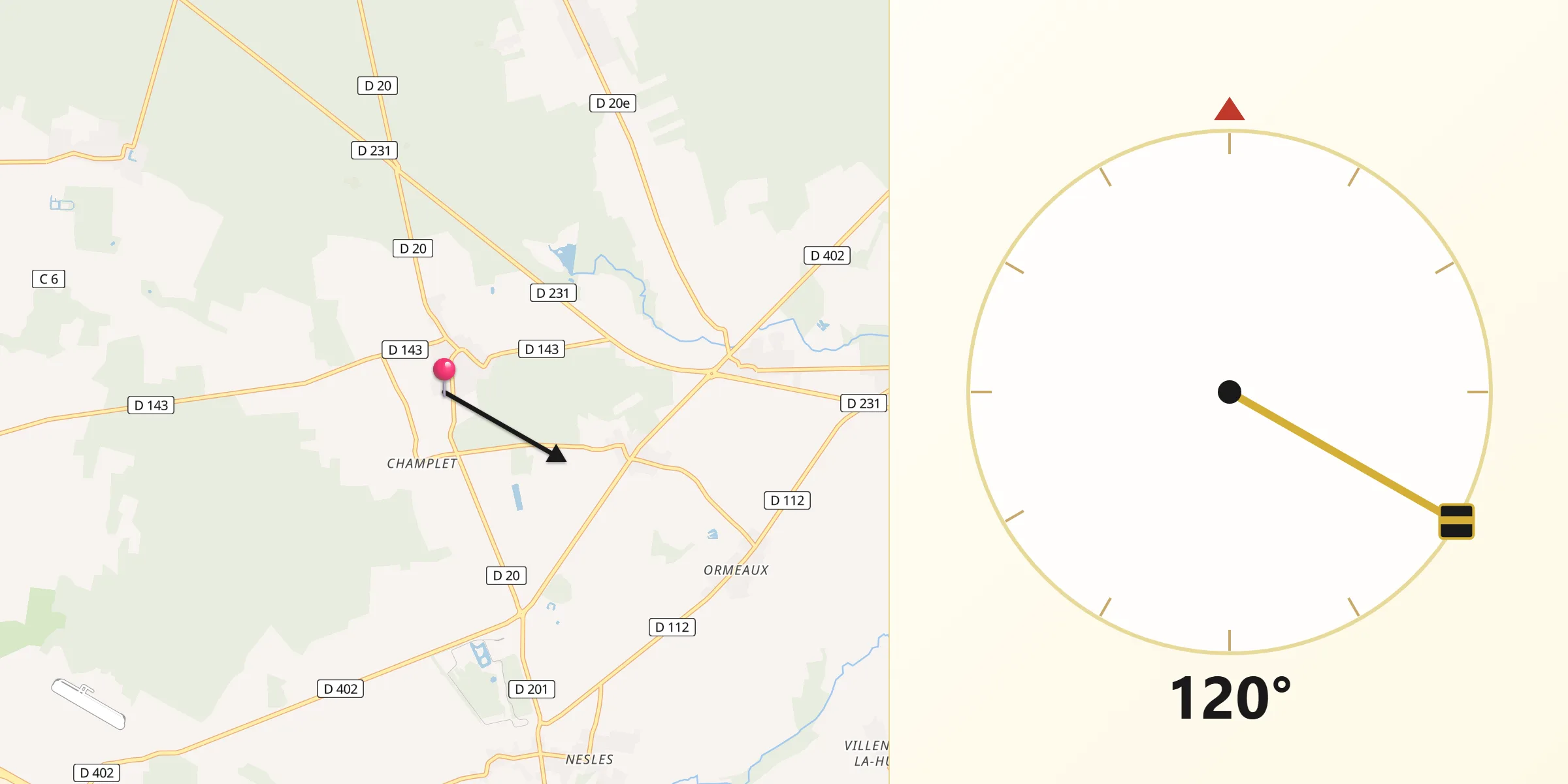 Direction vers la Qibla depuis Lumigny-Nesles-Ormeaux