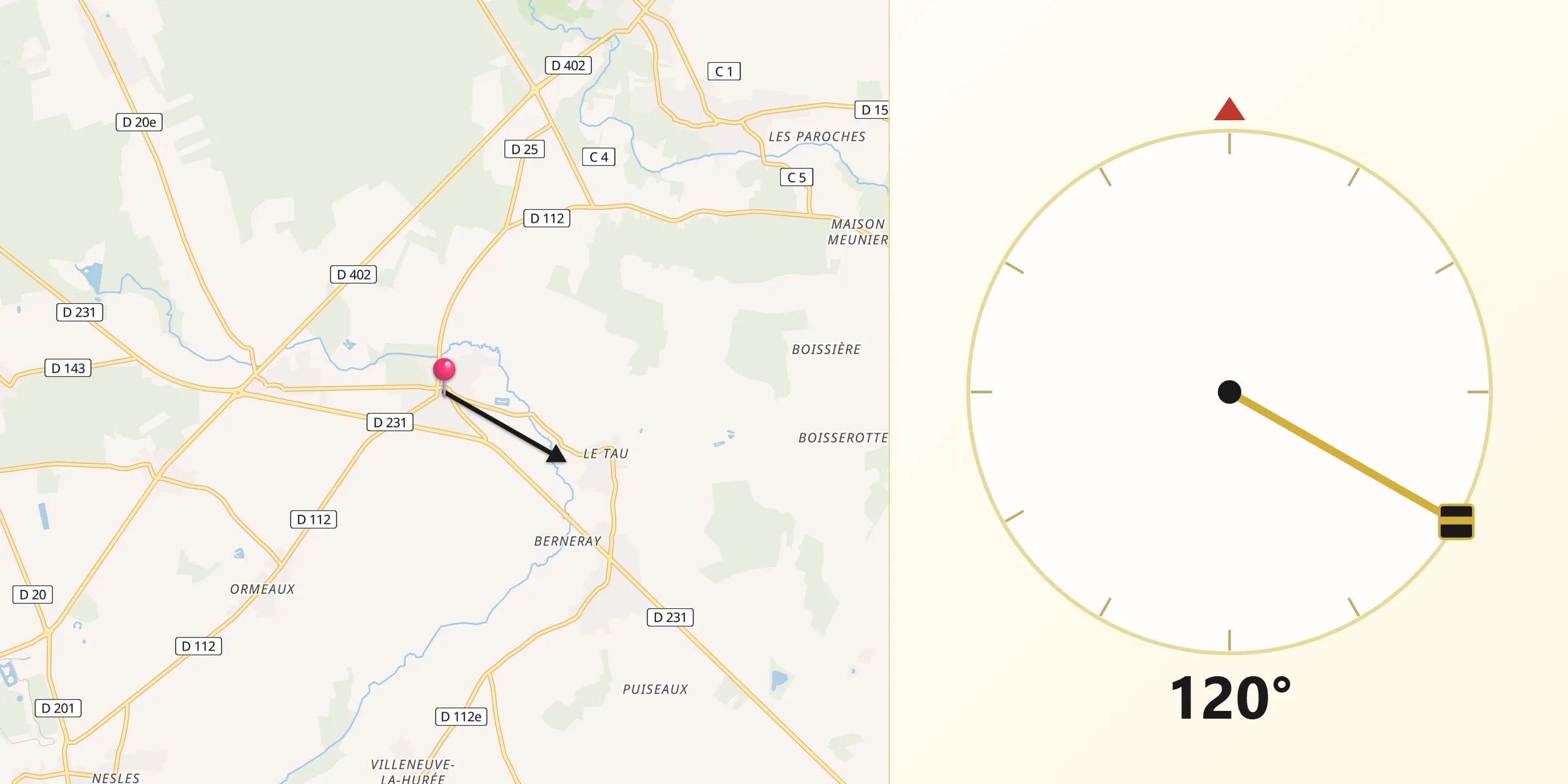 Direction vers la Qibla depuis Touquin