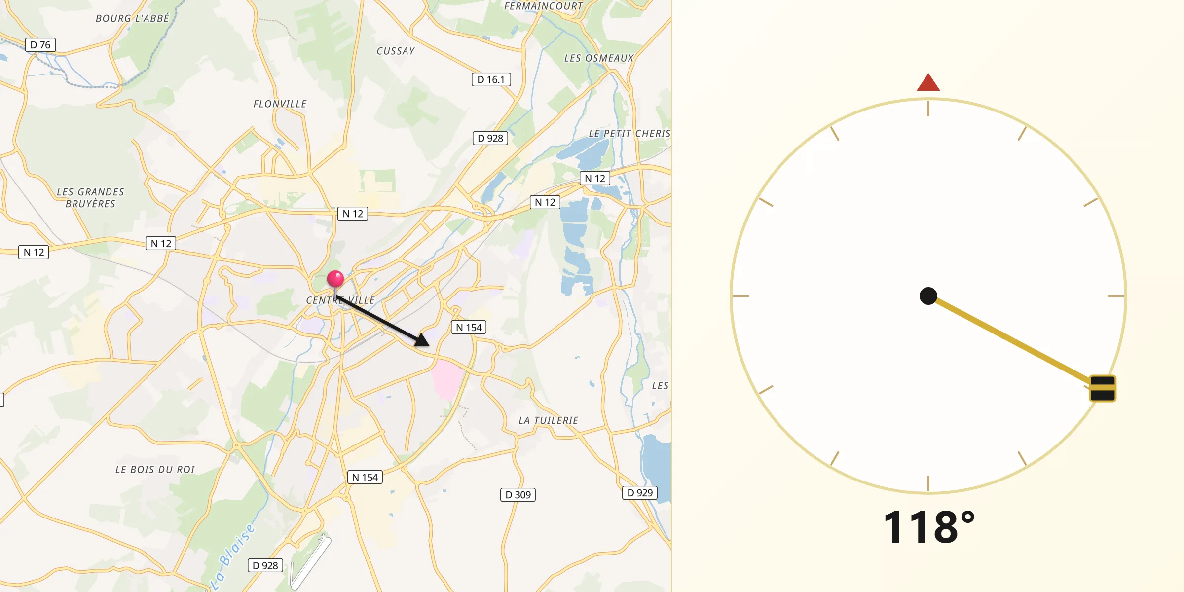 Direction vers la Qibla depuis Dreux