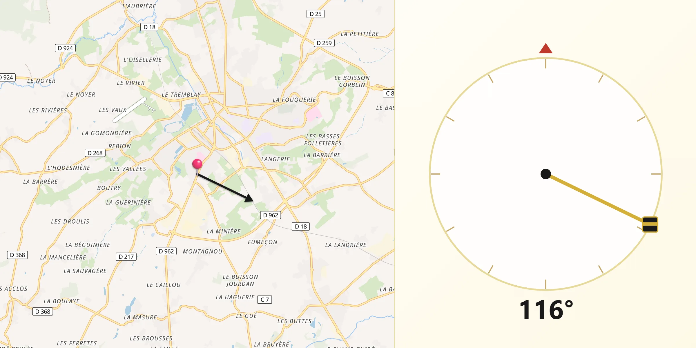 Direction vers la Qibla depuis Flers