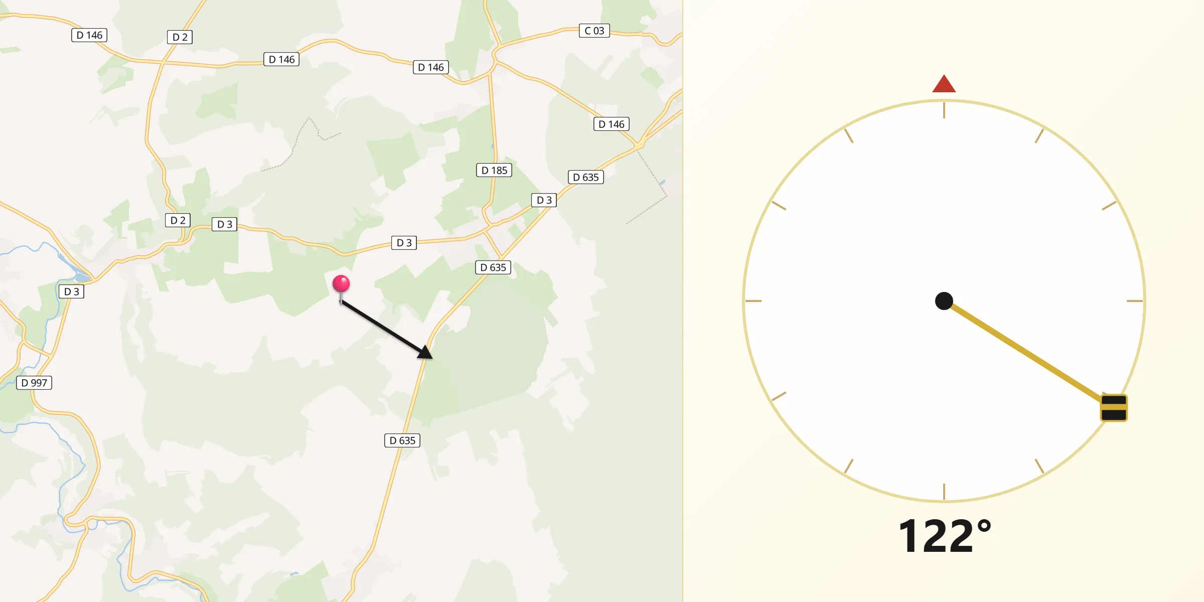 Direction vers la Qibla depuis Combles-en-Barrois