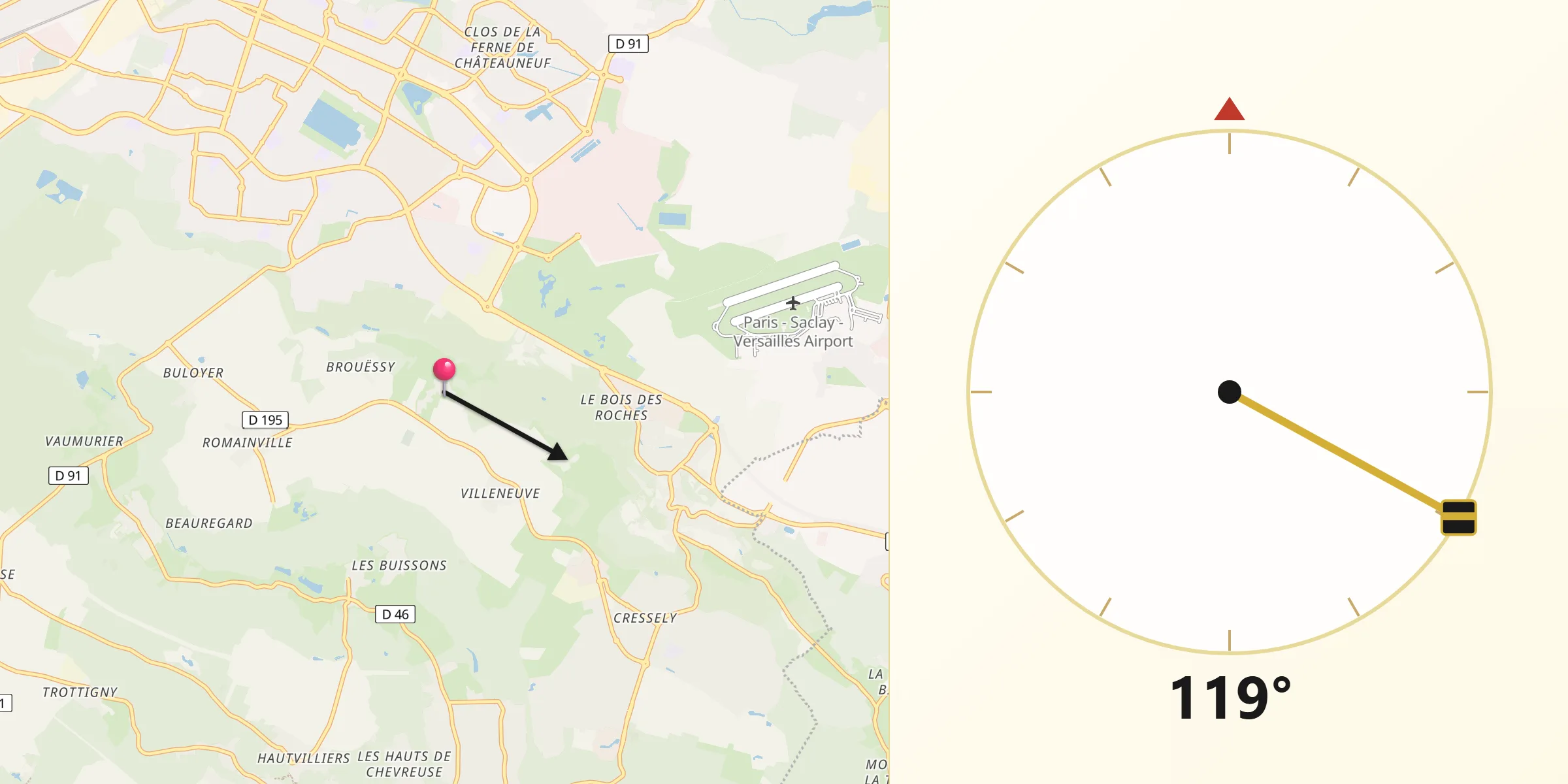 Direction vers la Qibla depuis Magny-les-Hameaux