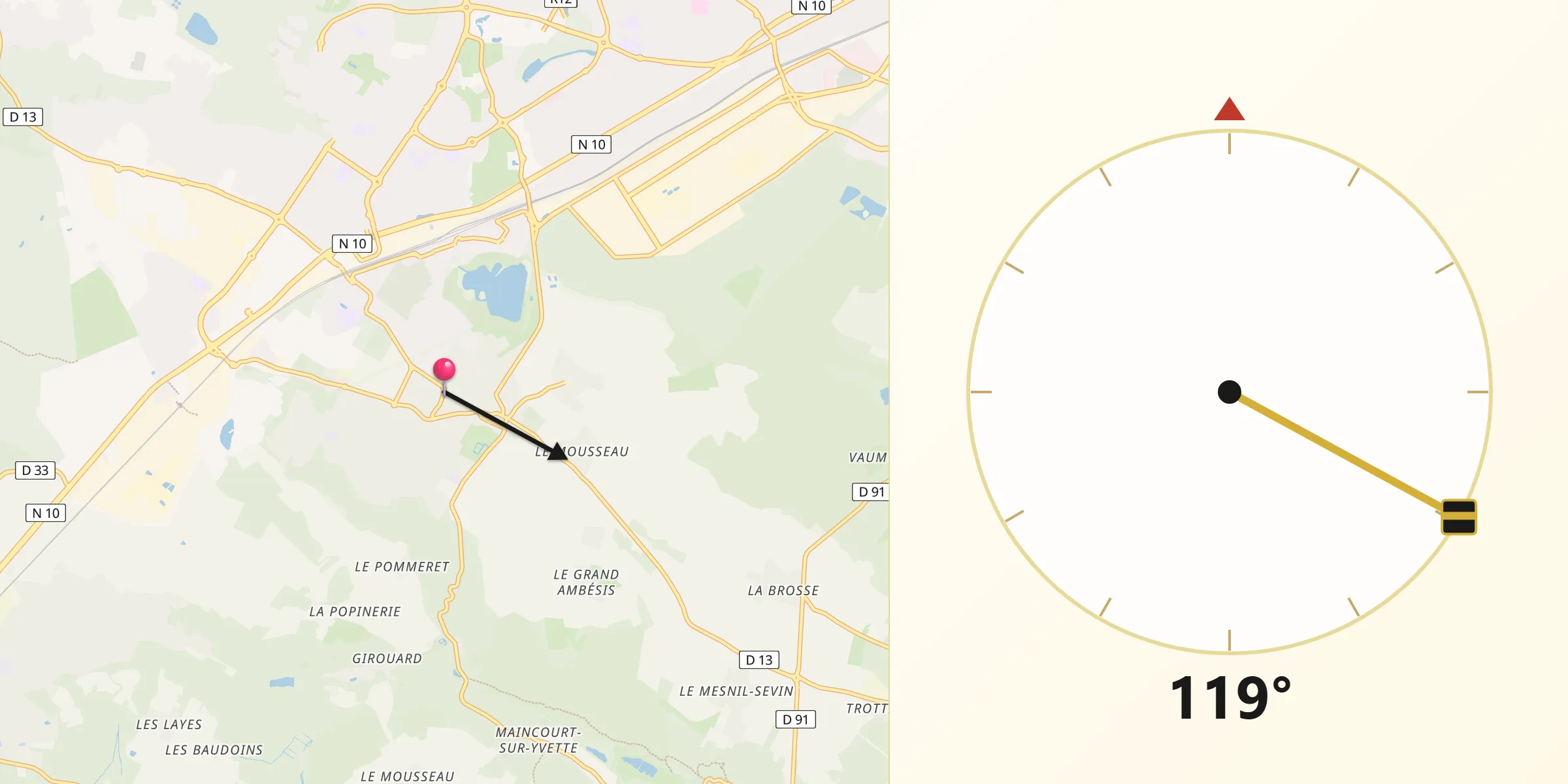 Direction vers la Qibla depuis Le Mesnil-Saint-Denis