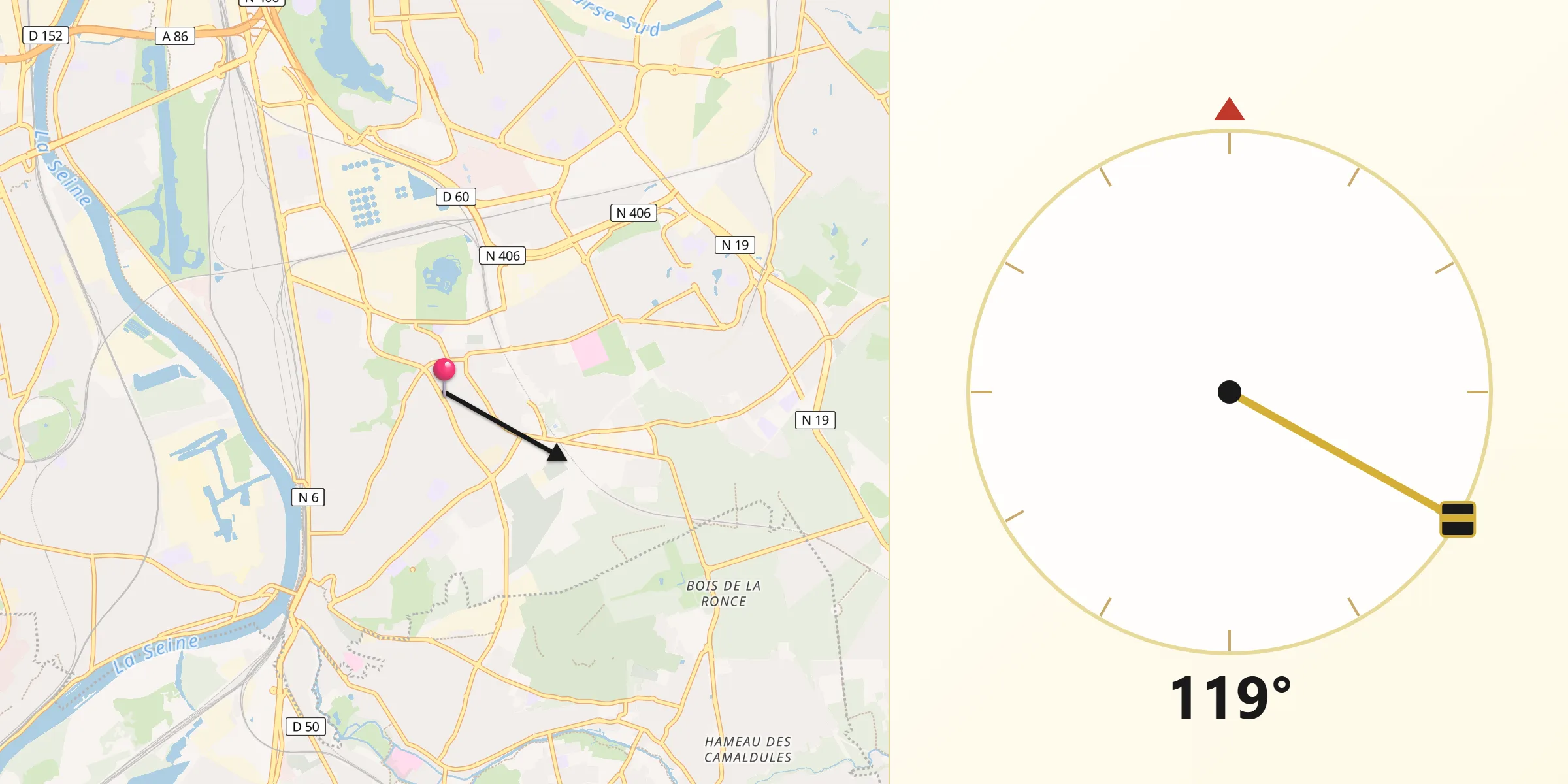 Direction vers la Qibla depuis Valenton