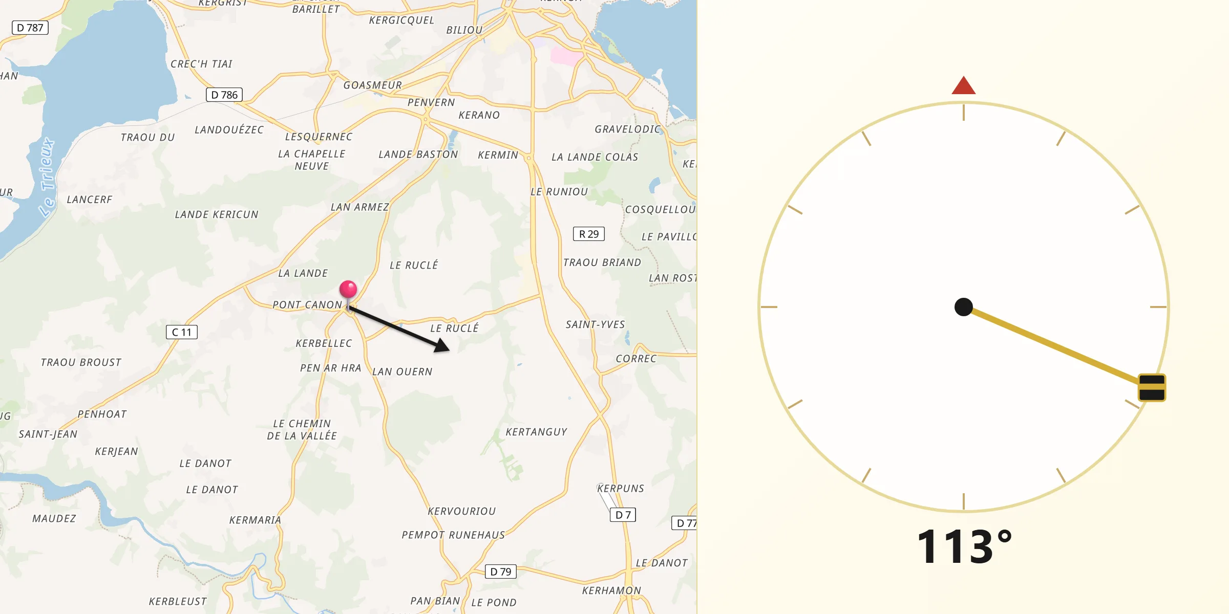 Direction vers la Qibla depuis Plourivo