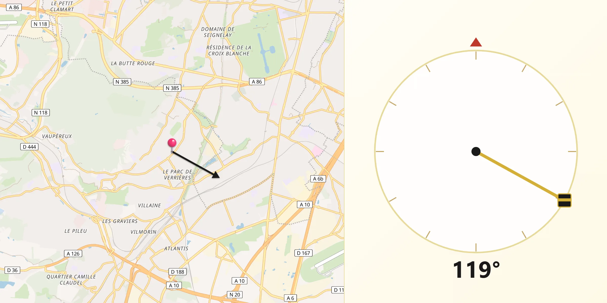Direction vers la Qibla depuis Verrières-le-Buisson