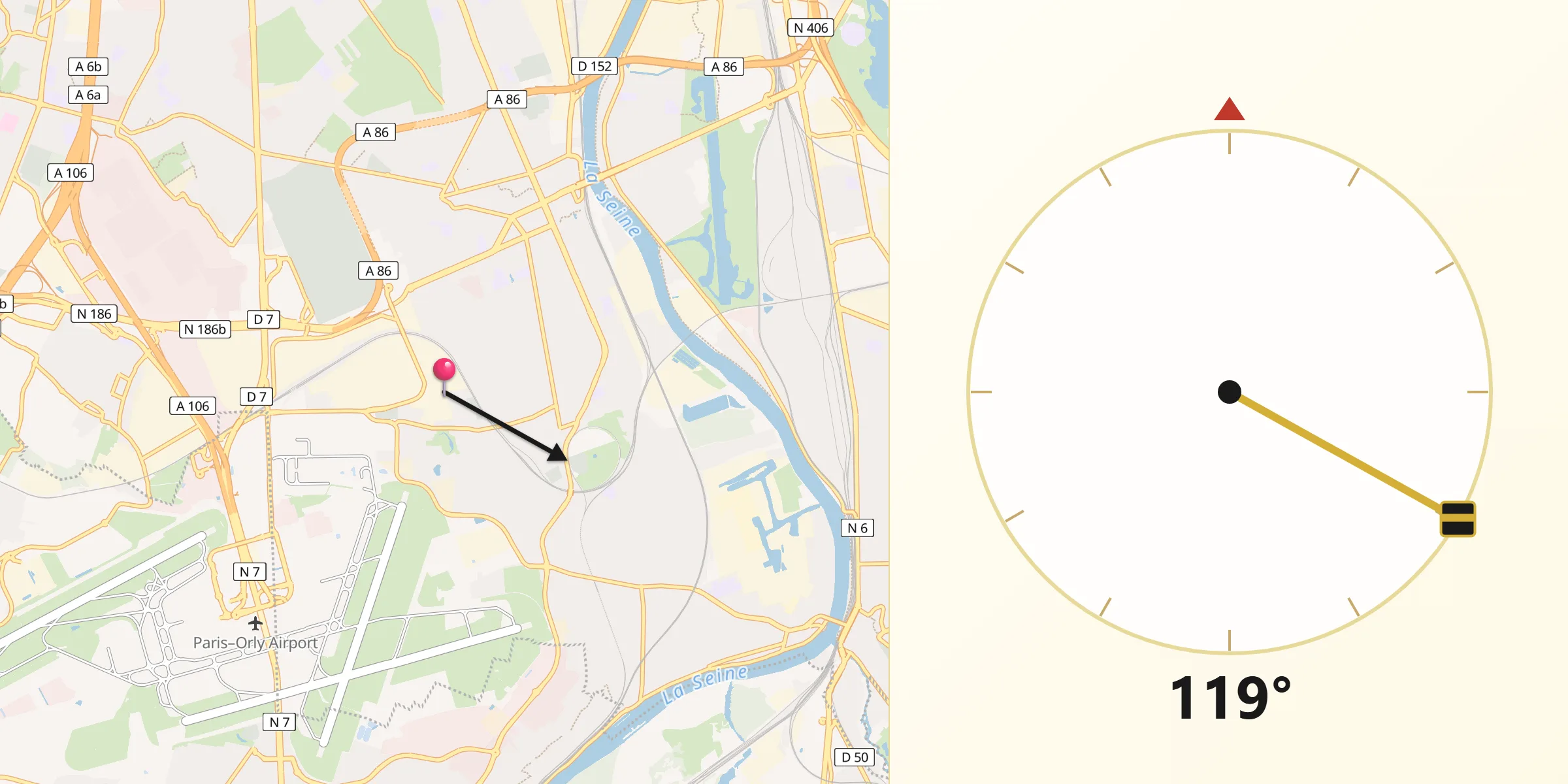 Direction vers la Qibla depuis Orly
