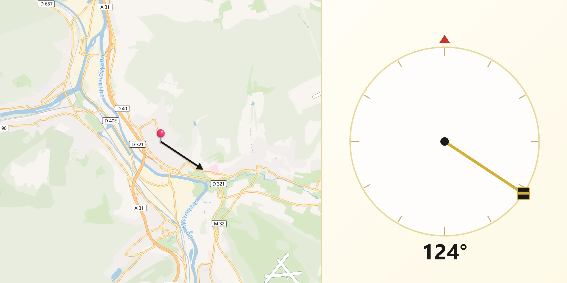 Direction vers la Qibla depuis Bouxières-aux-Dames