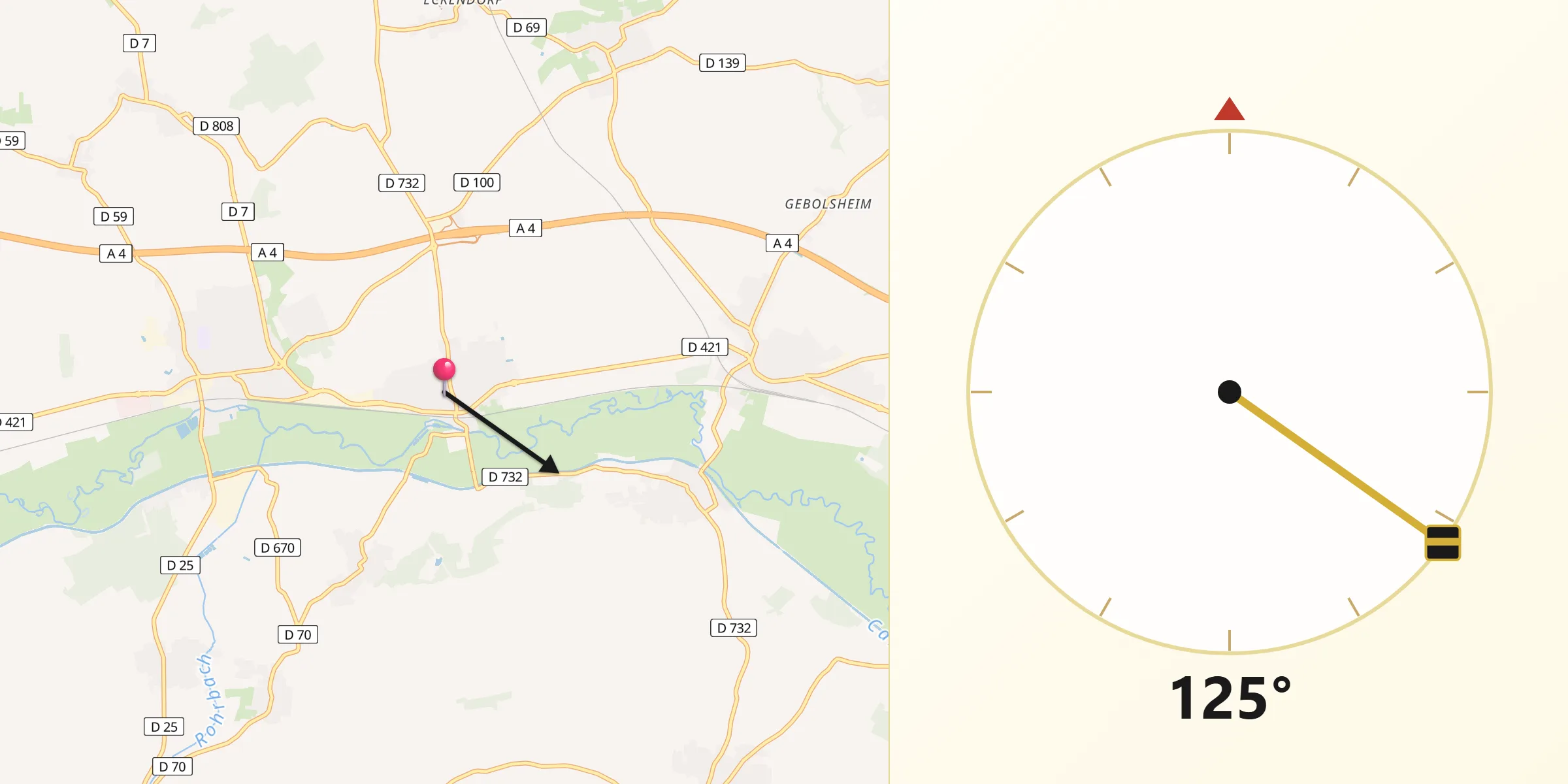 Direction vers la Qibla depuis Schwindratzheim
