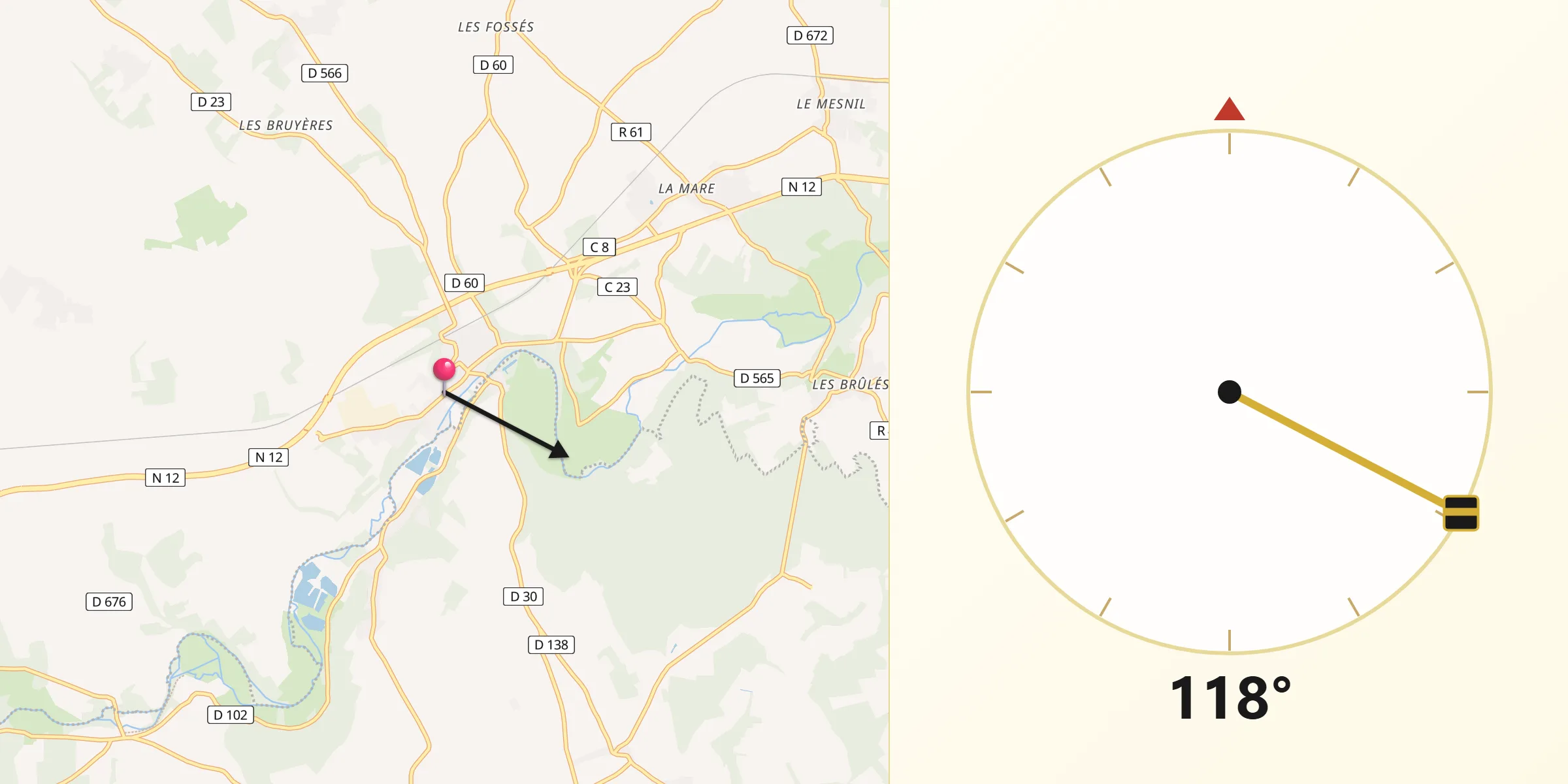 Direction vers la Qibla depuis Tillières-sur-Avre