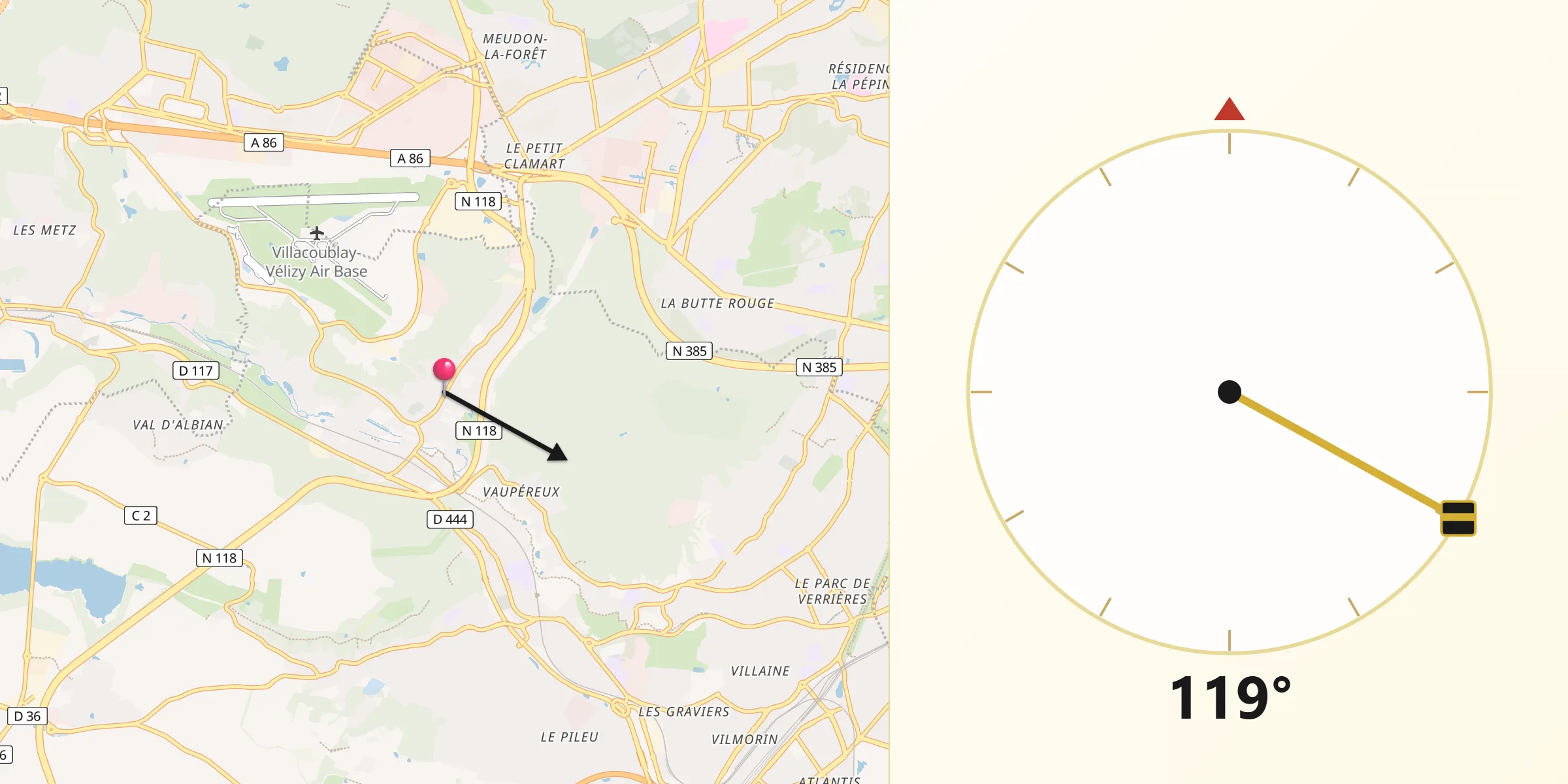 Direction vers la Qibla depuis Bièvres
