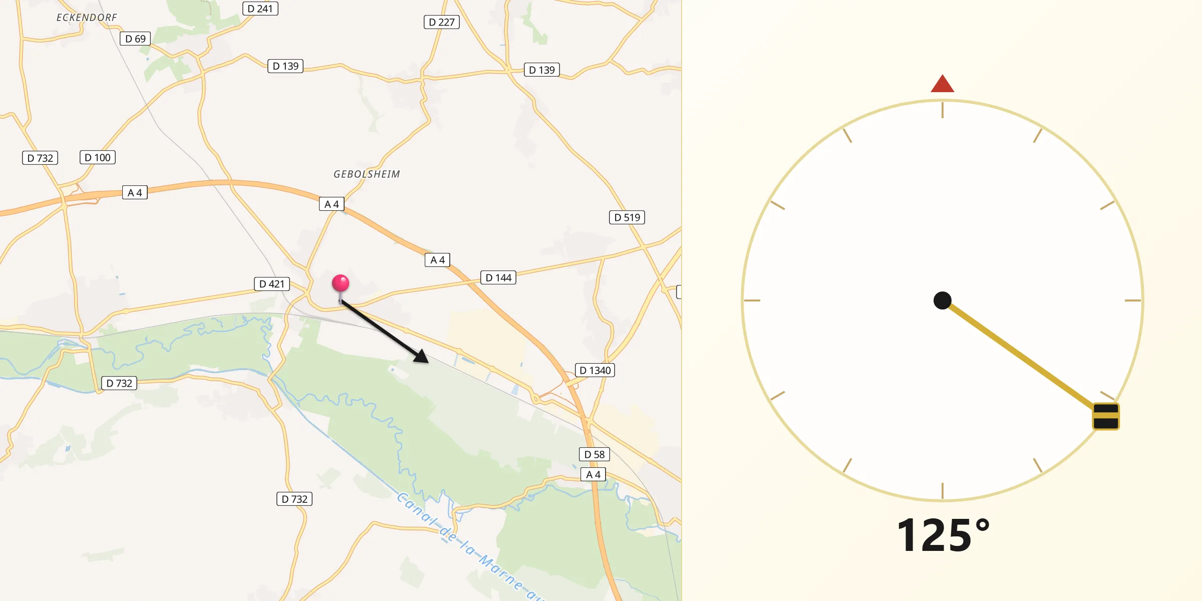 Direction vers la Qibla depuis Mommenheim