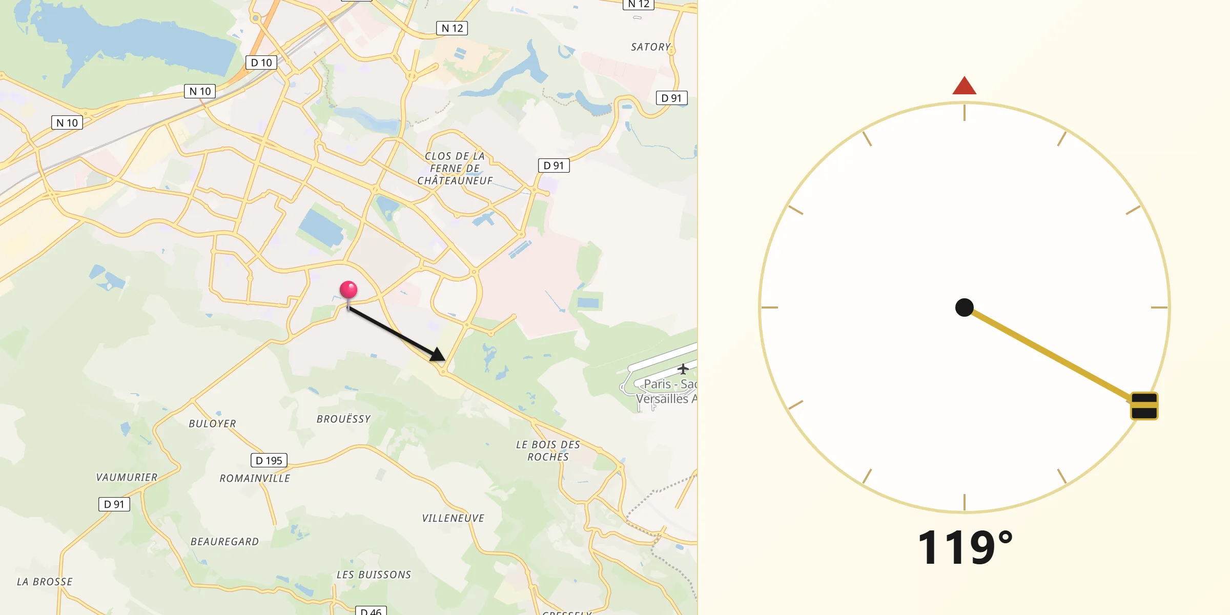 Direction vers la Qibla depuis Voisins-le-Bretonneux