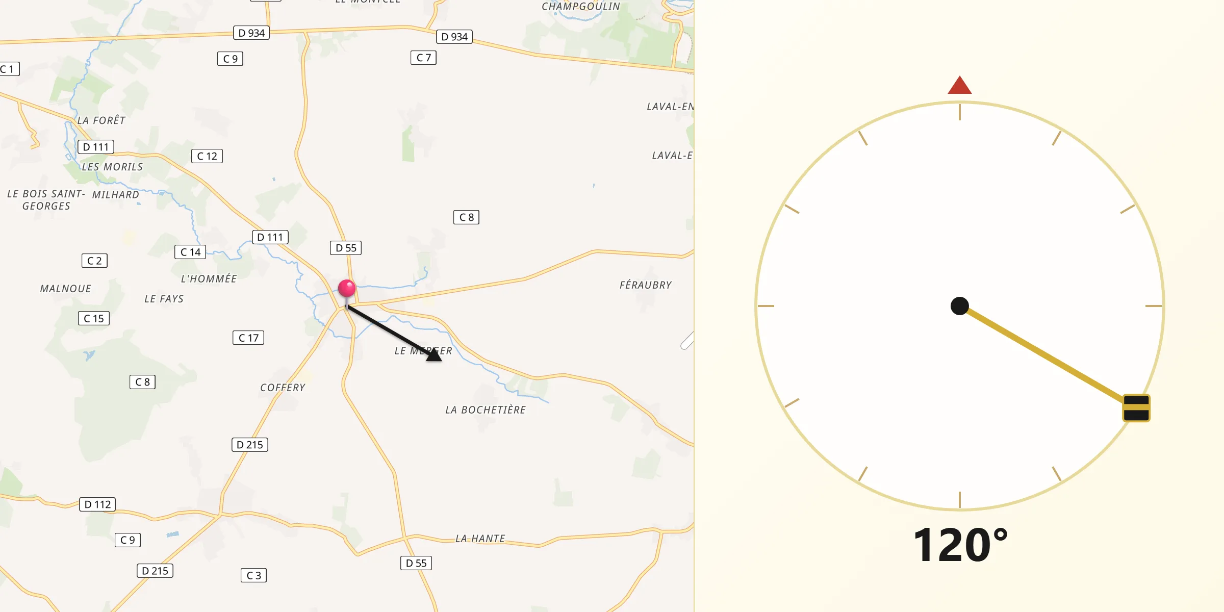 Direction vers la Qibla depuis Choisy-en-Brie