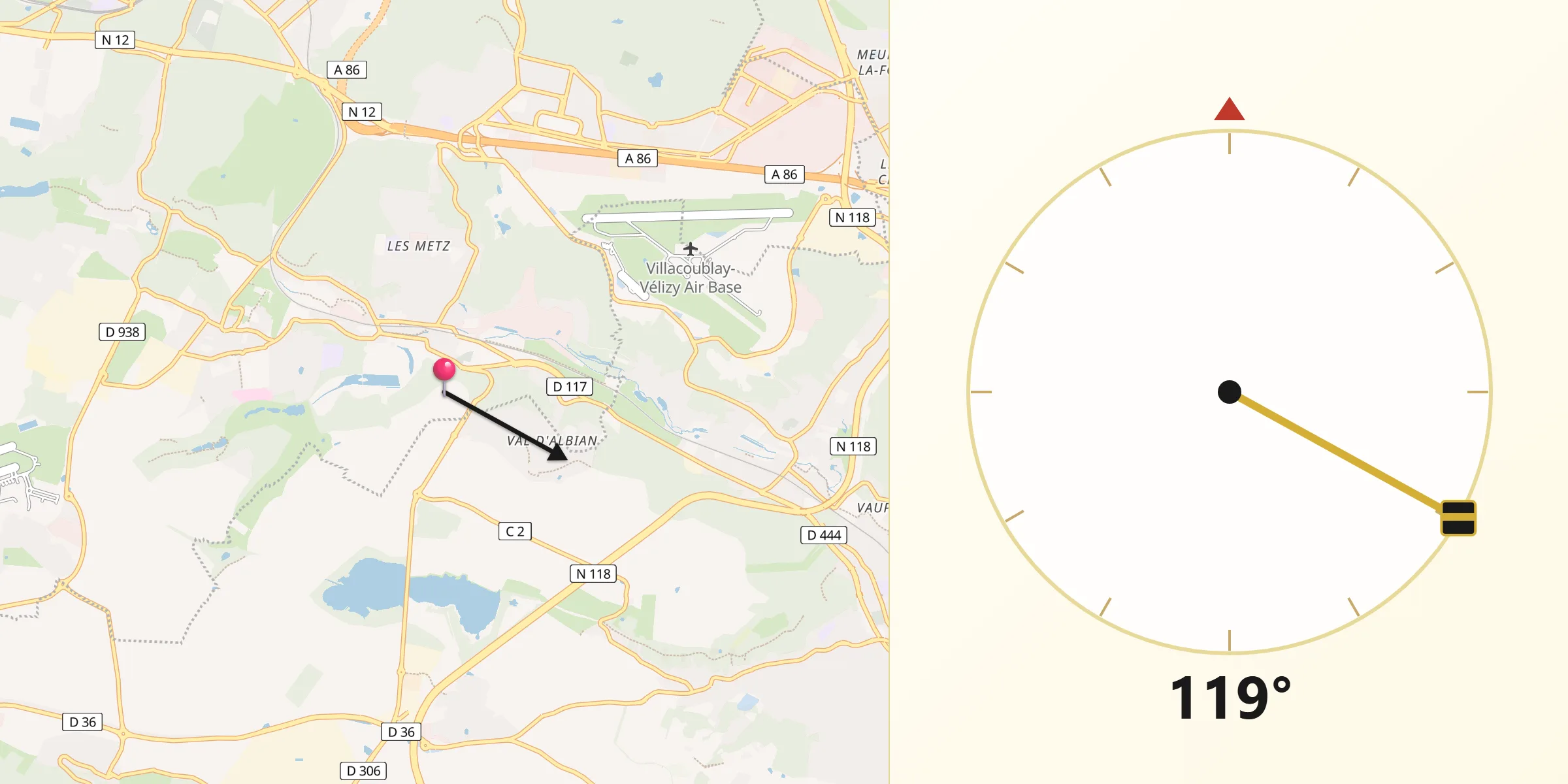 Direction vers la Qibla depuis Jouy-en-Josas
