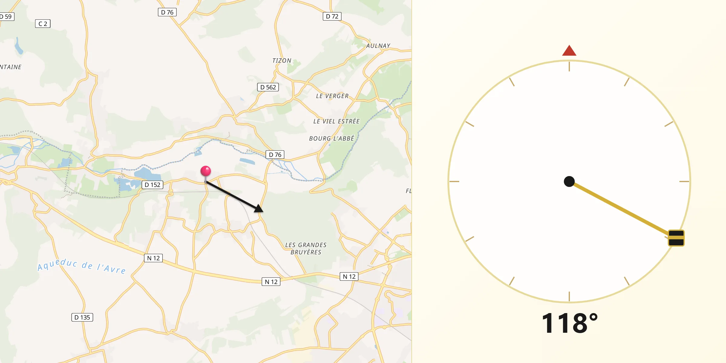 Direction vers la Qibla depuis Vert-en-Drouais