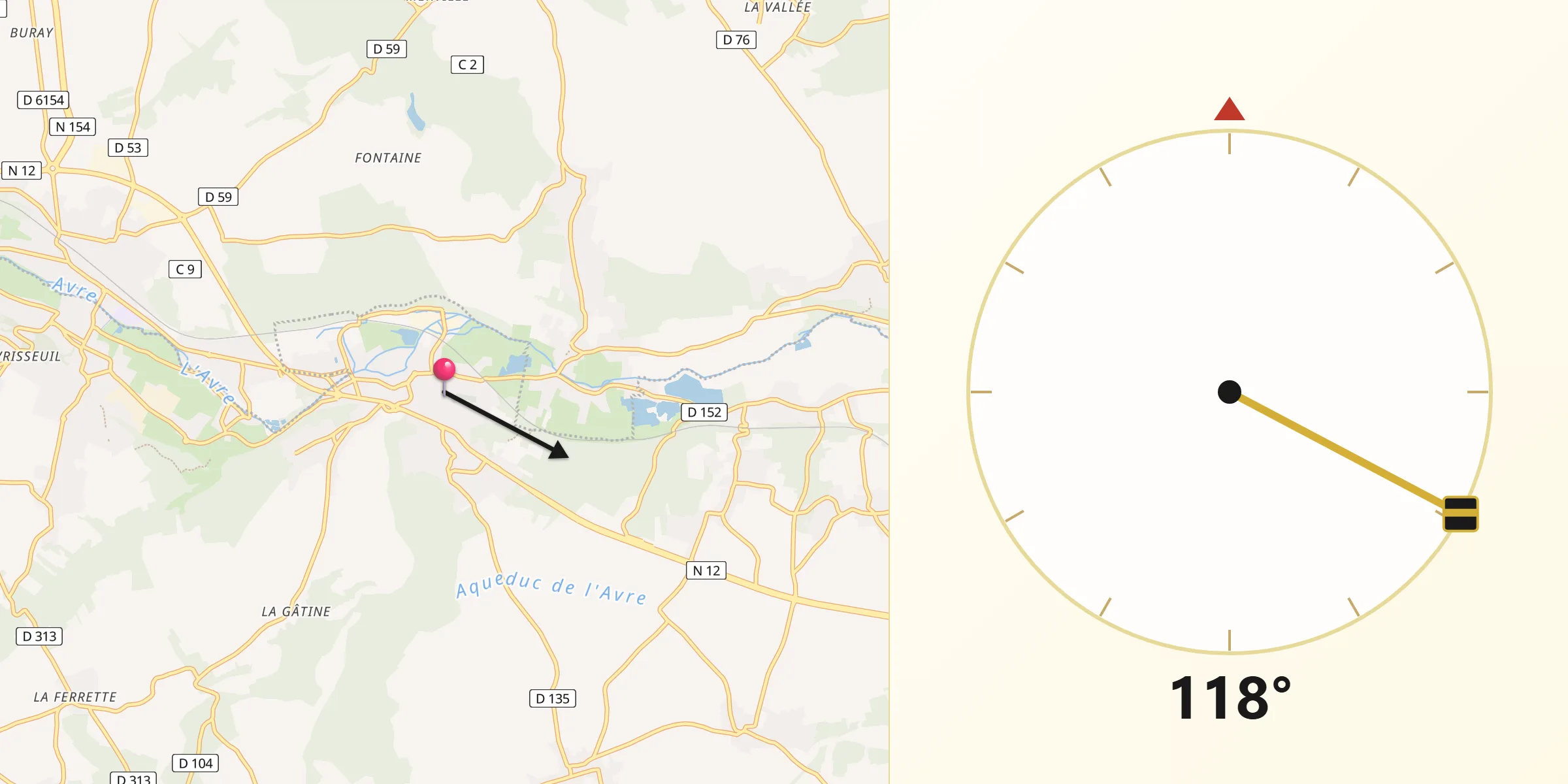 Direction vers la Qibla depuis Saint-Rémy-sur-Avre