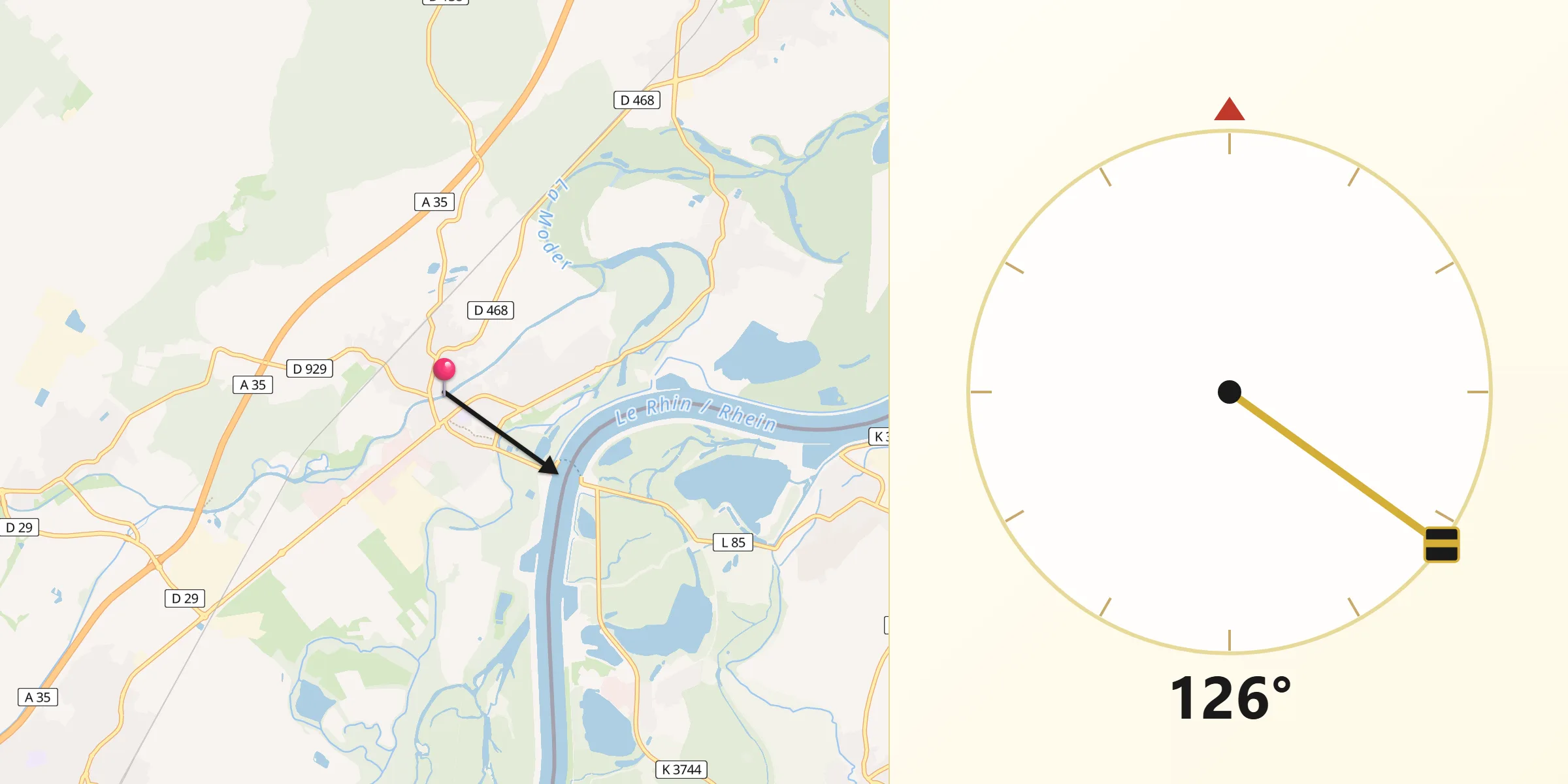 Direction vers la Qibla depuis Drusenheim