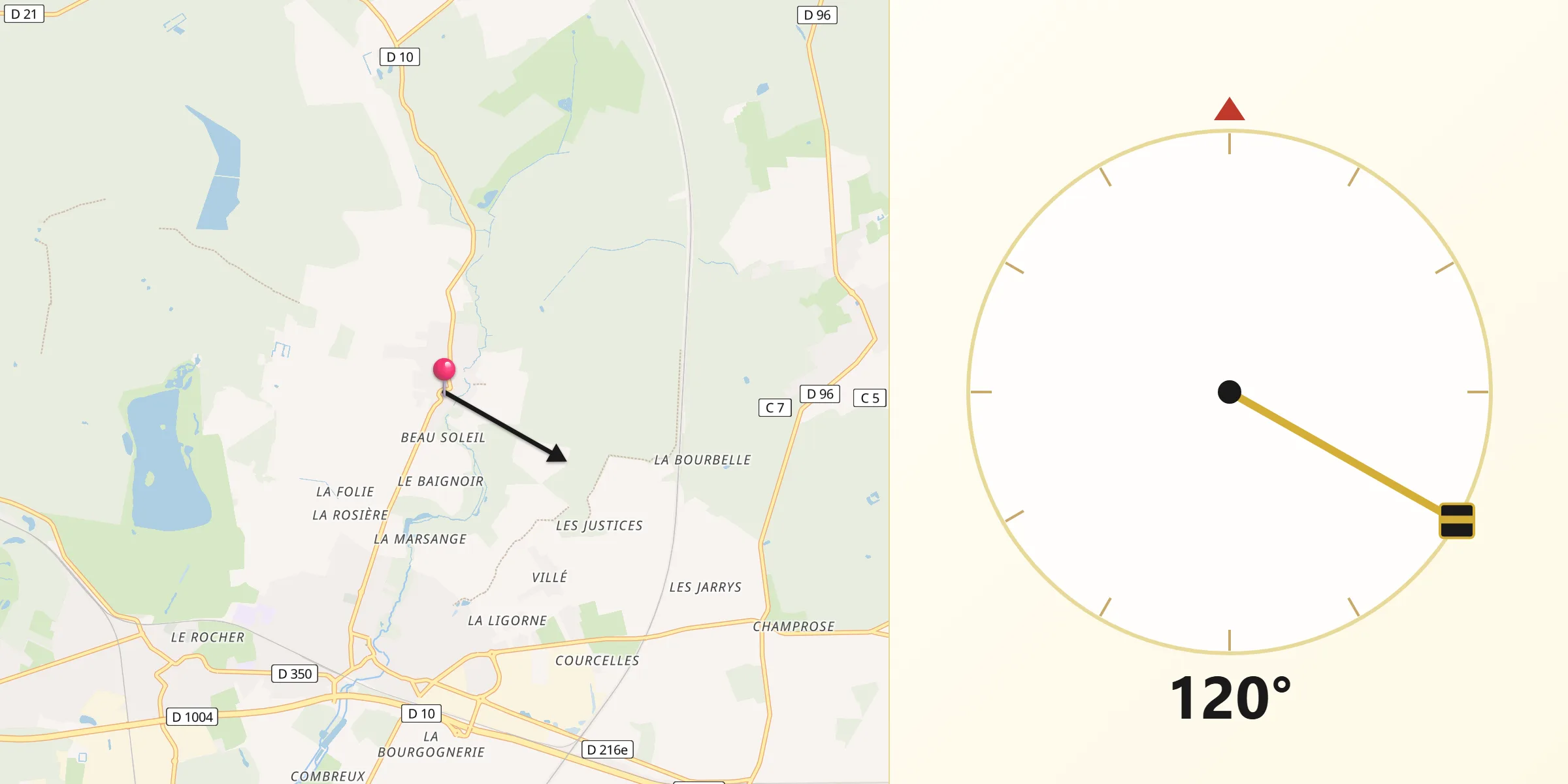 Direction vers la Qibla depuis Favières