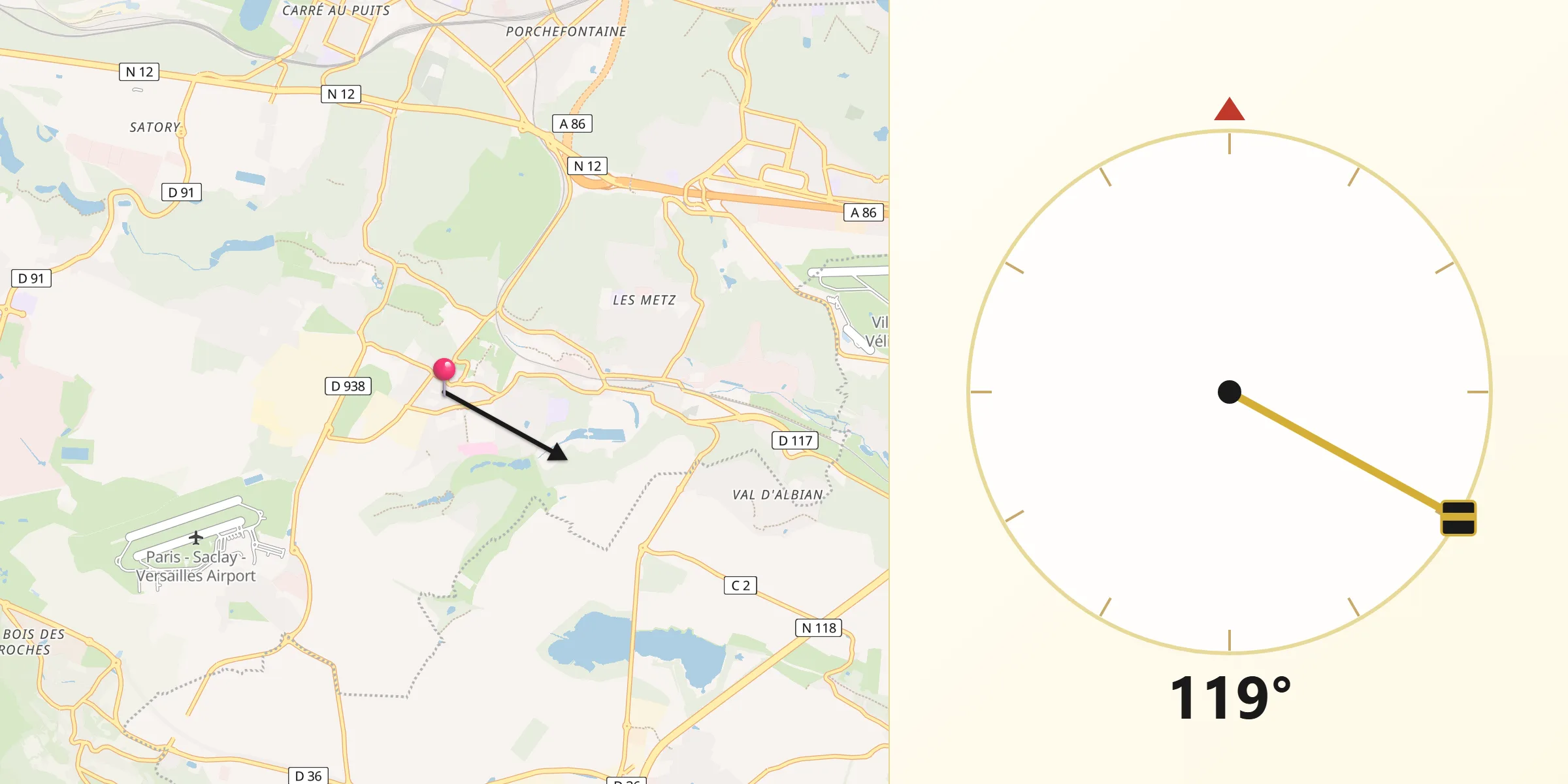 Direction vers la Qibla depuis Les Loges-en-Josas