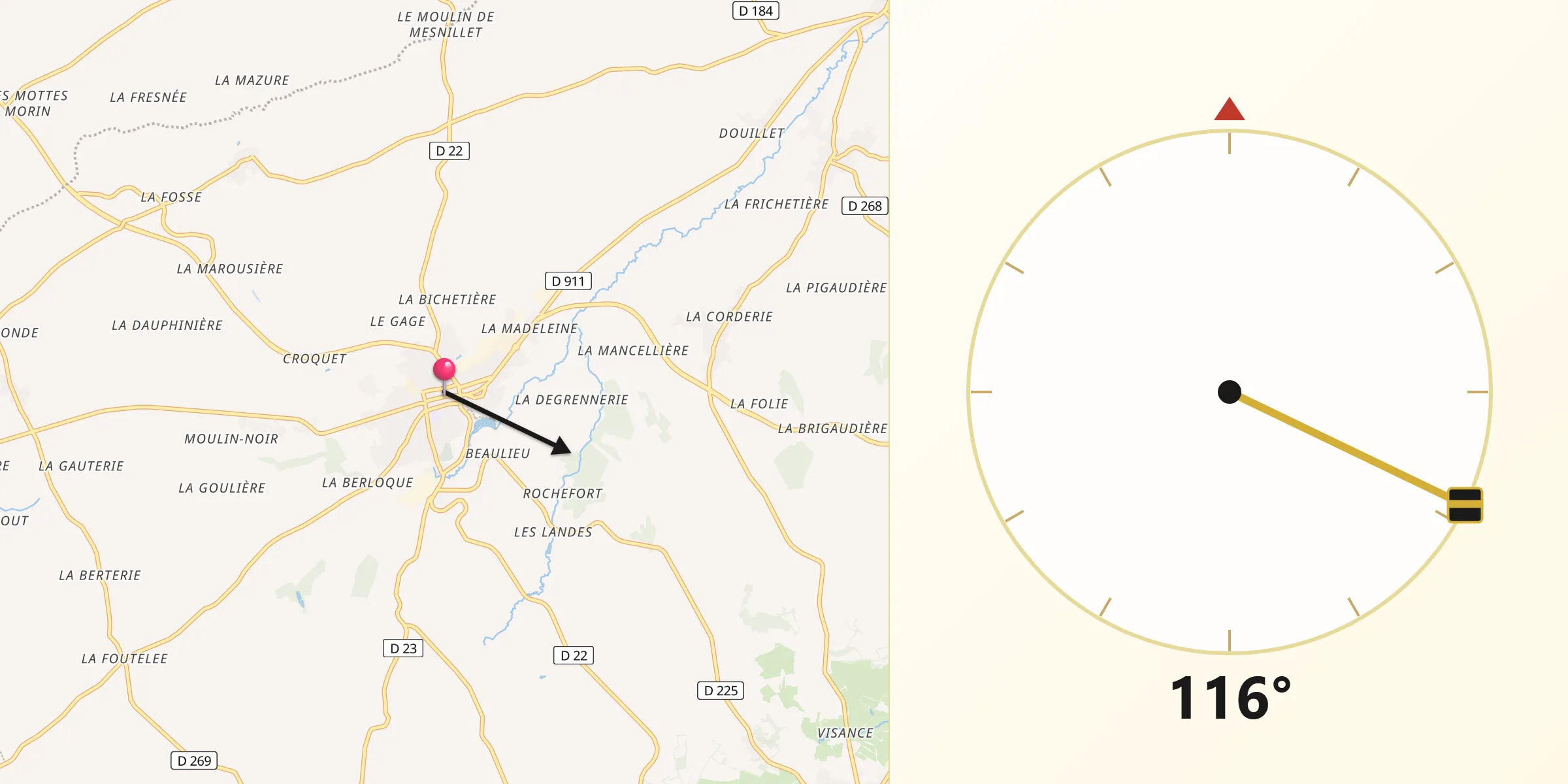 Direction vers la Qibla depuis Tinchebray