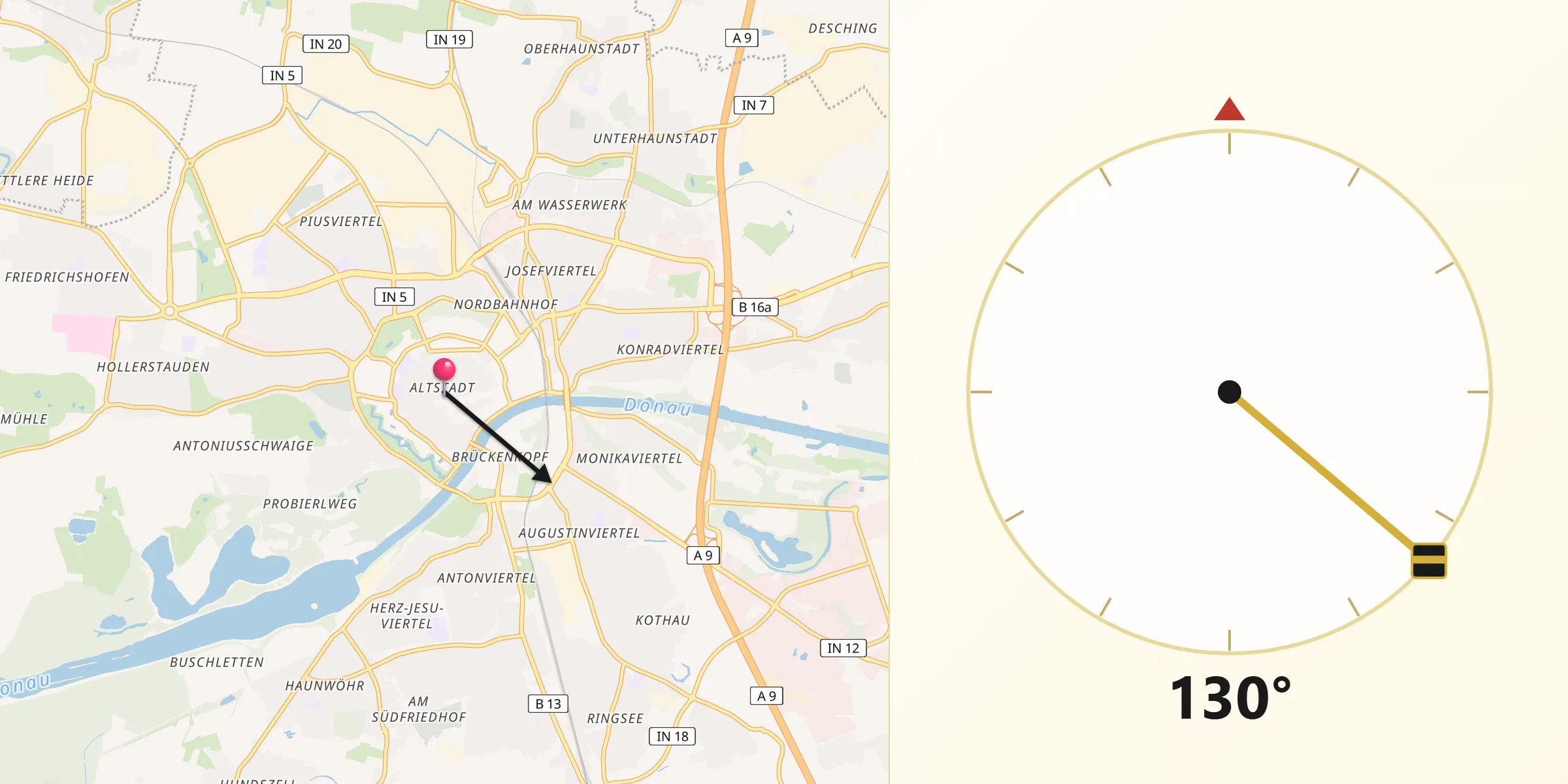Qibla-Richtung von Ingolstadt