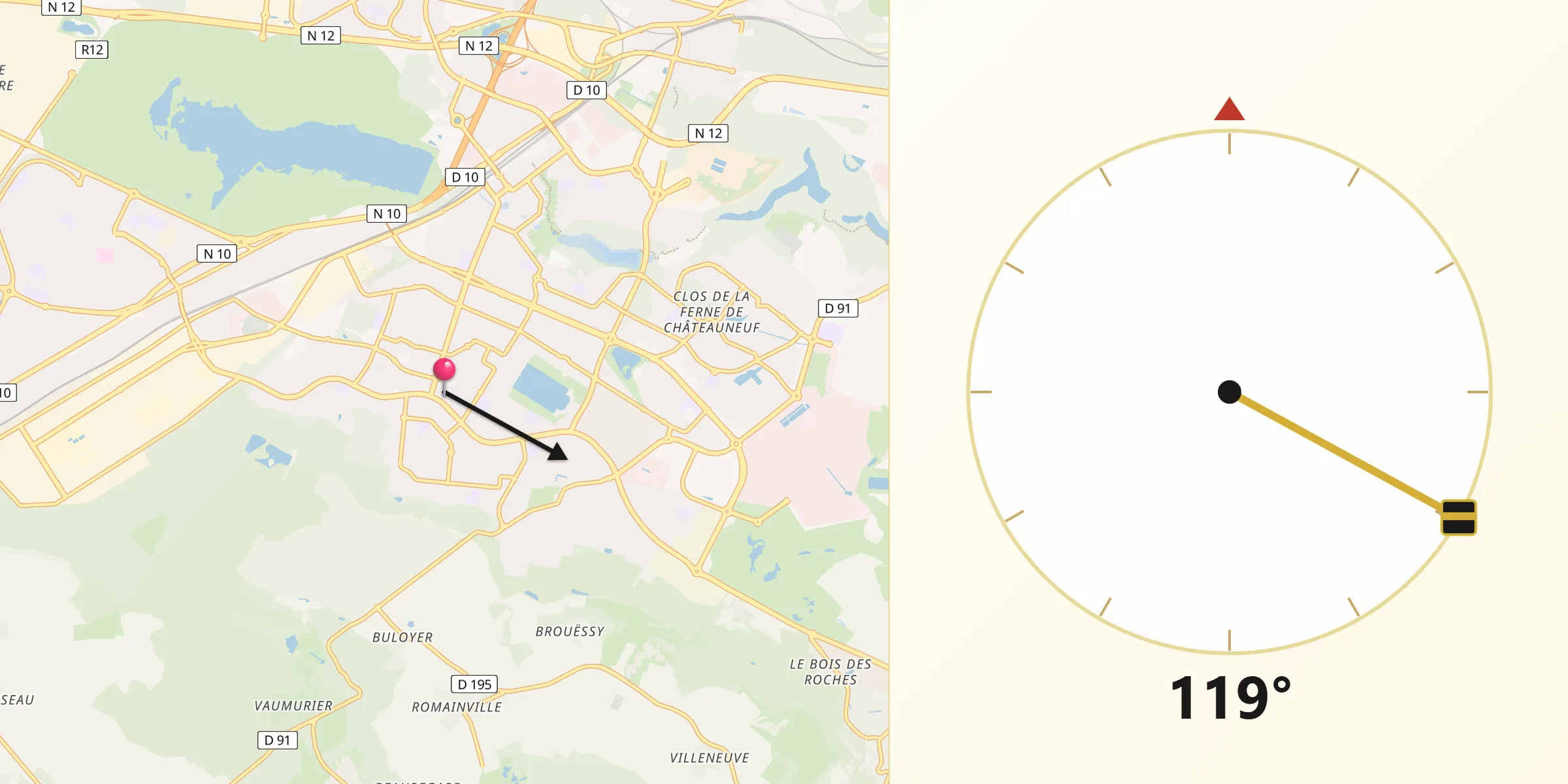 Direction vers la Qibla depuis Montigny-le-Bretonneux