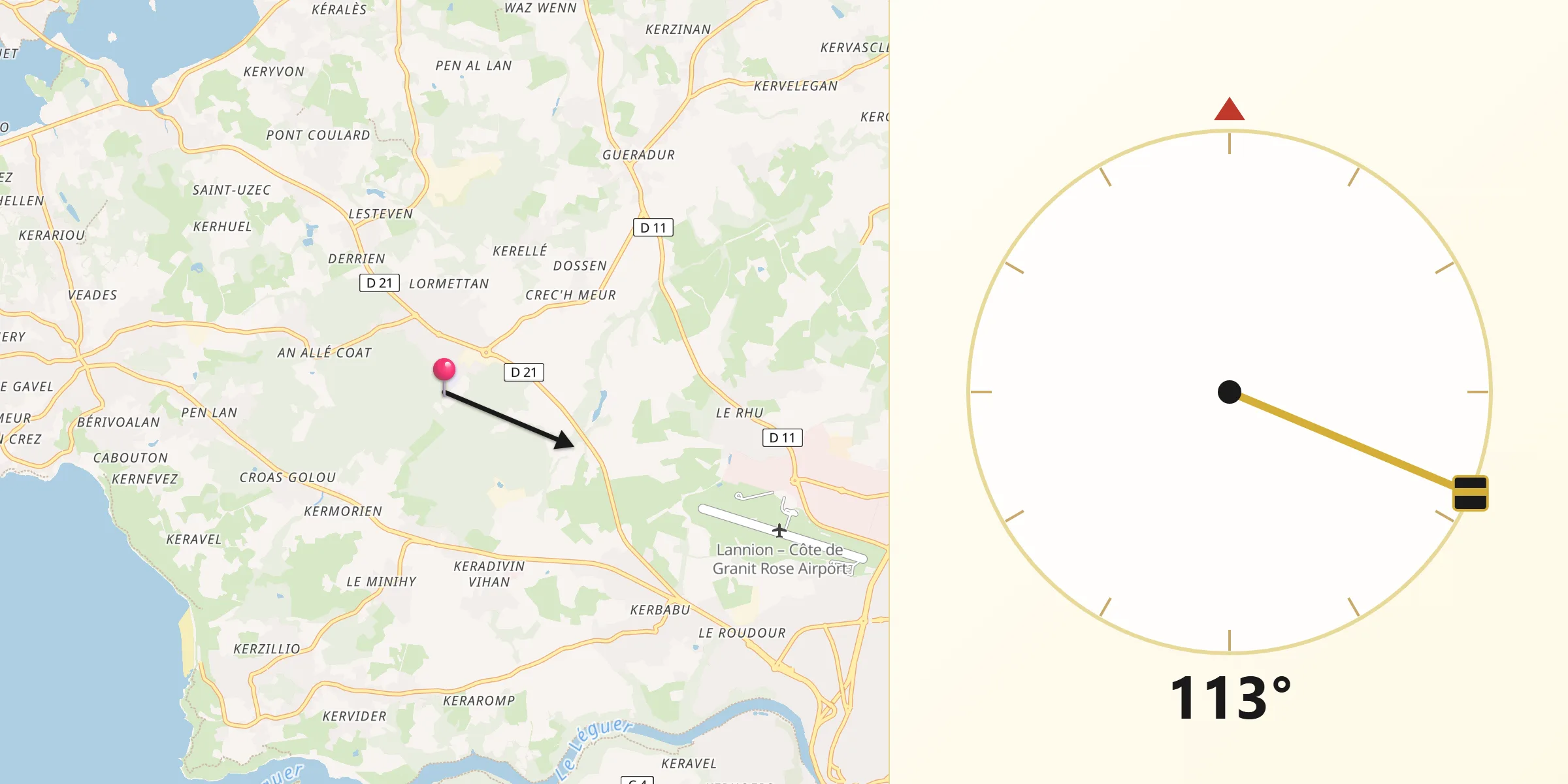 Direction vers la Qibla depuis Pleumeur-Bodou