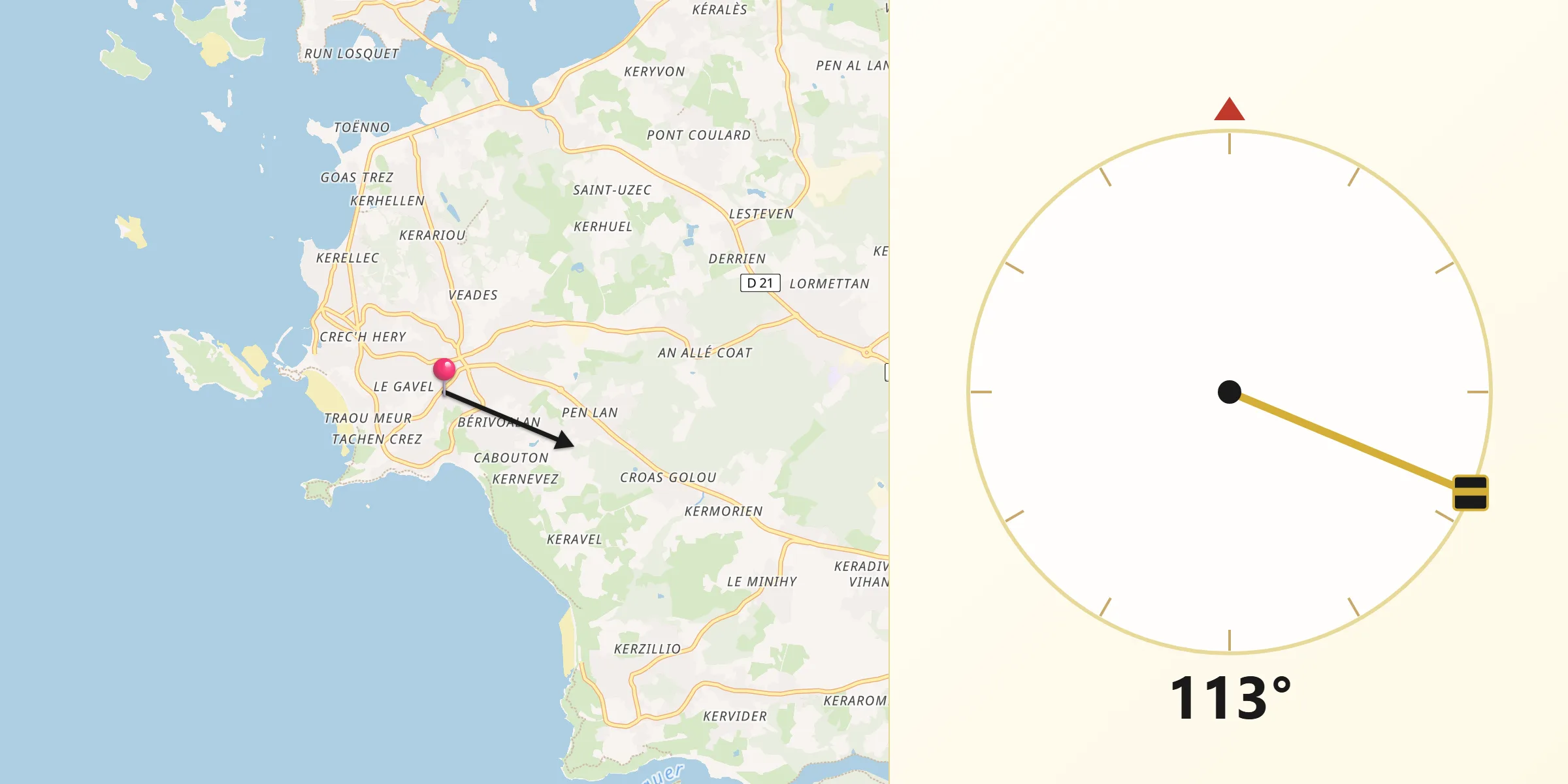 Direction vers la Qibla depuis Trébeurden