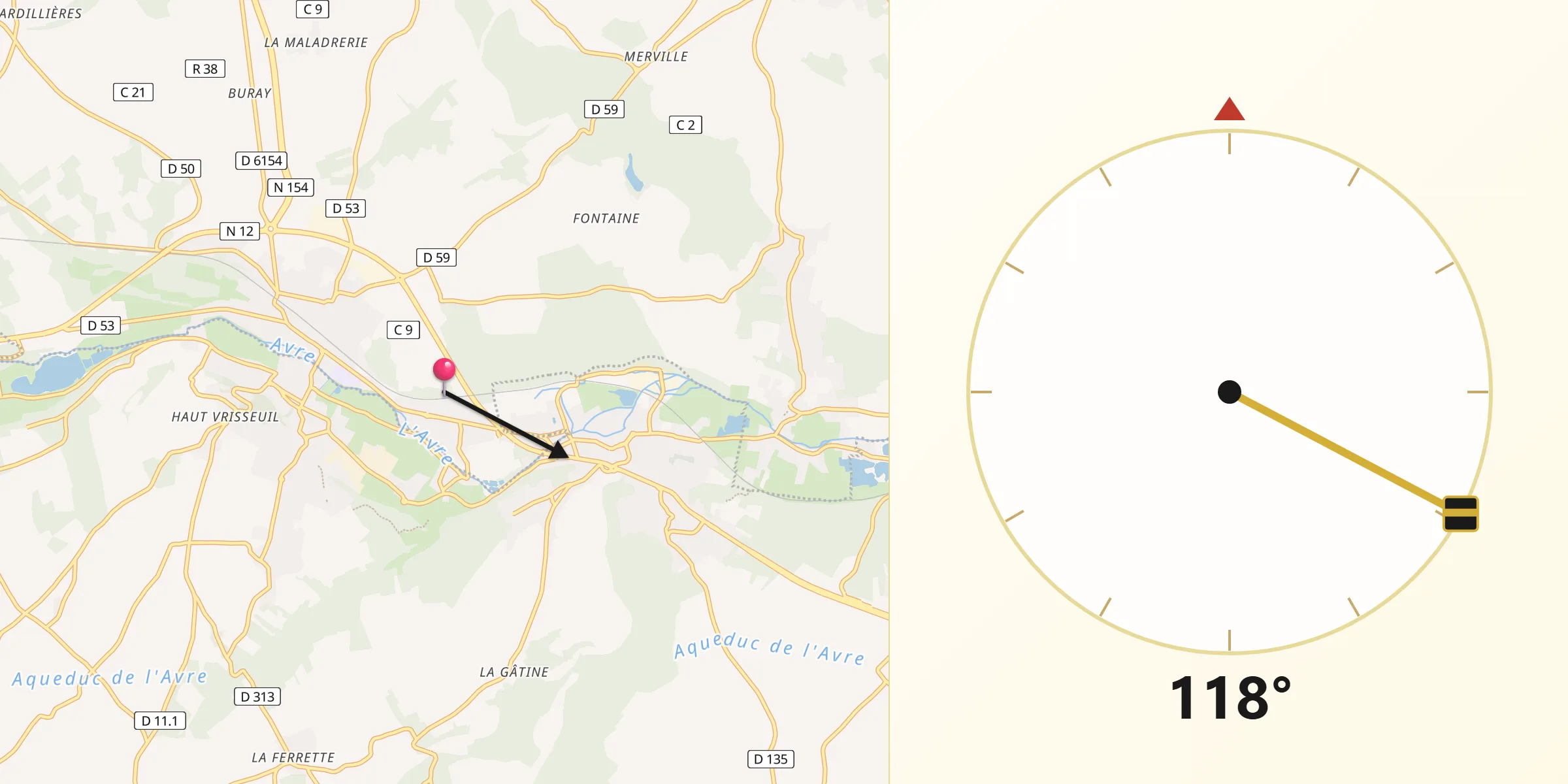 Direction vers la Qibla depuis Saint-Lubin-des-Joncherets