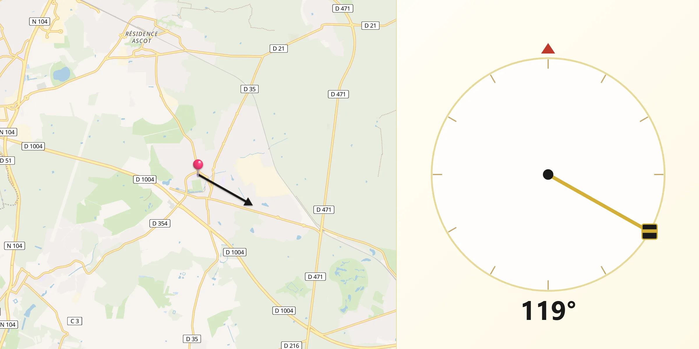 Direction vers la Qibla depuis Ozoir-la-Ferrière
