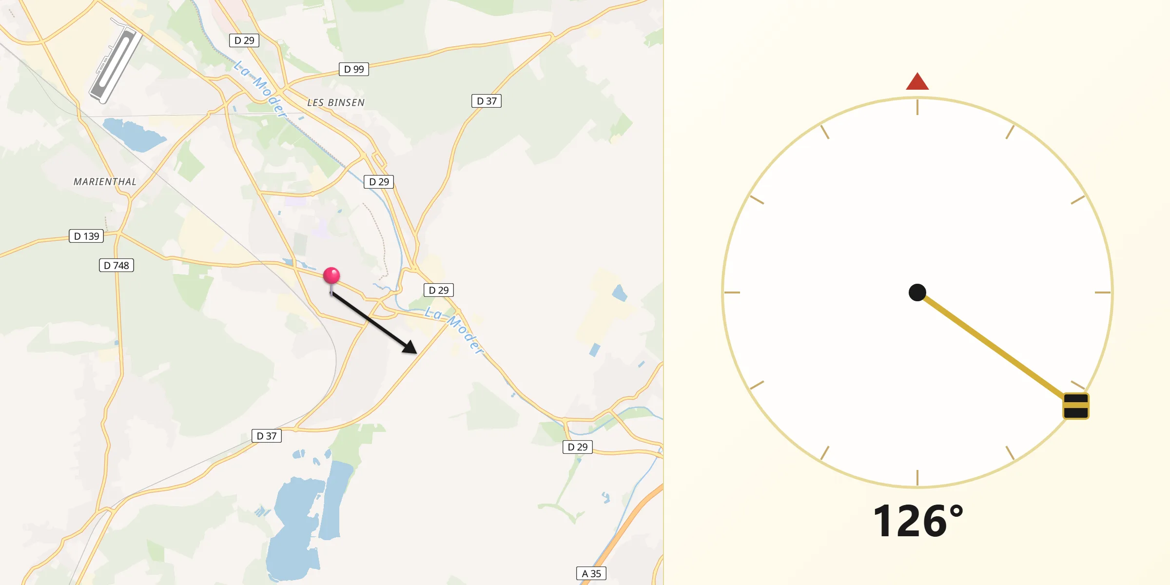 Direction vers la Qibla depuis Bischwiller