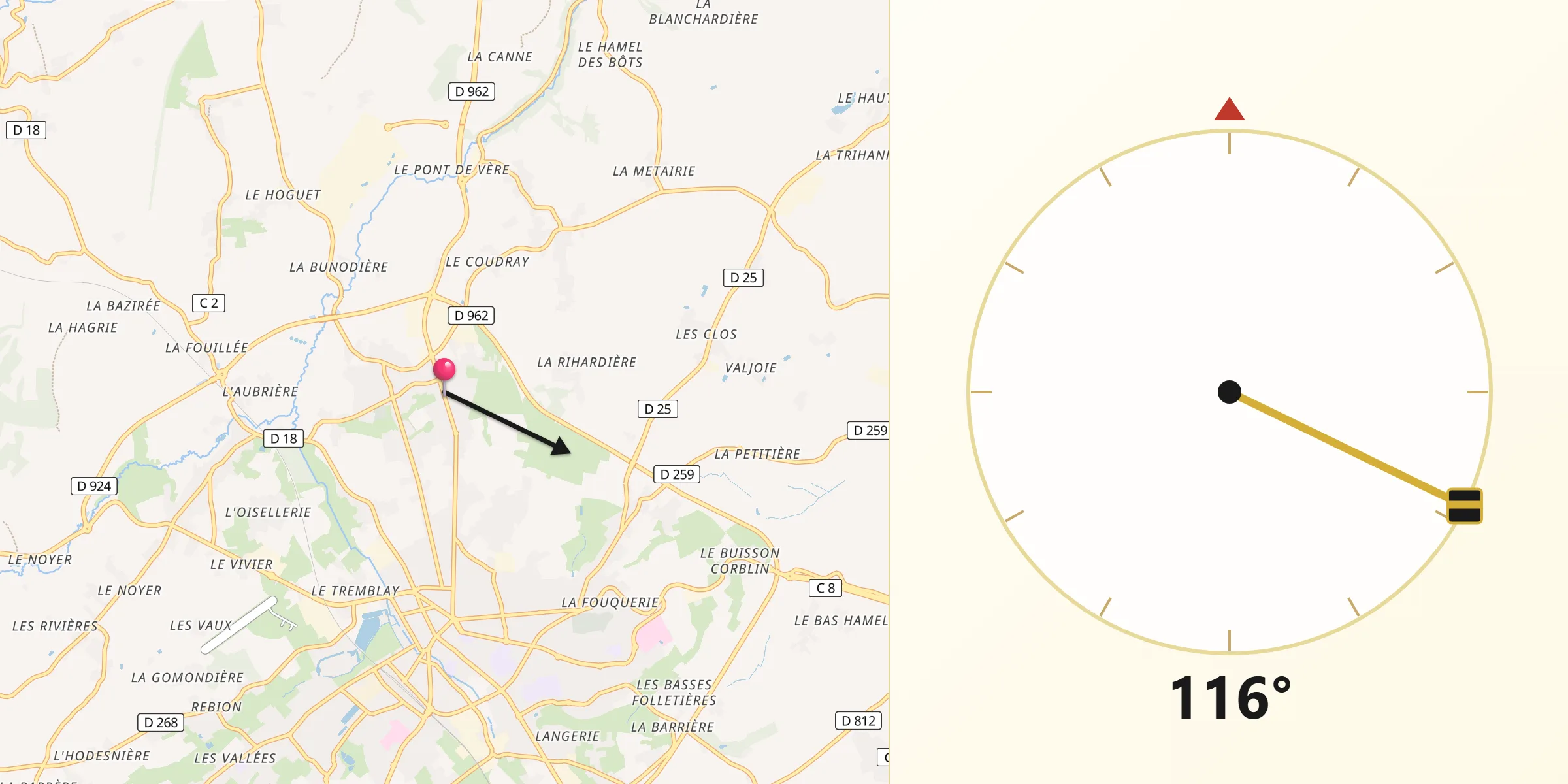 Direction vers la Qibla depuis Saint-Georges-des-Groseillers