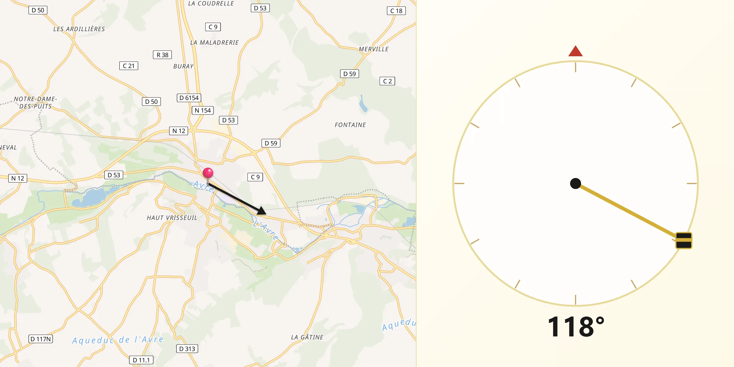Direction vers la Qibla depuis Nonancourt