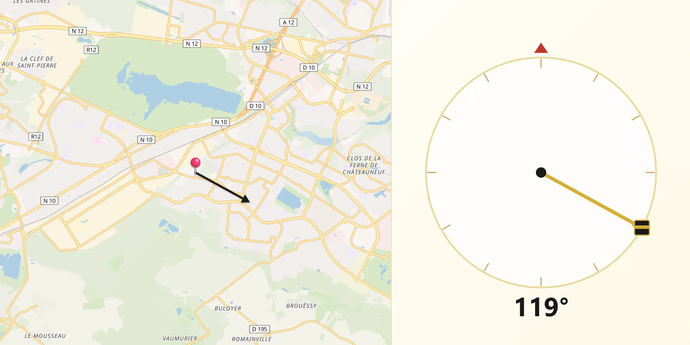 Direzione della Qibla da Saint-Quentin-en-Yvelines