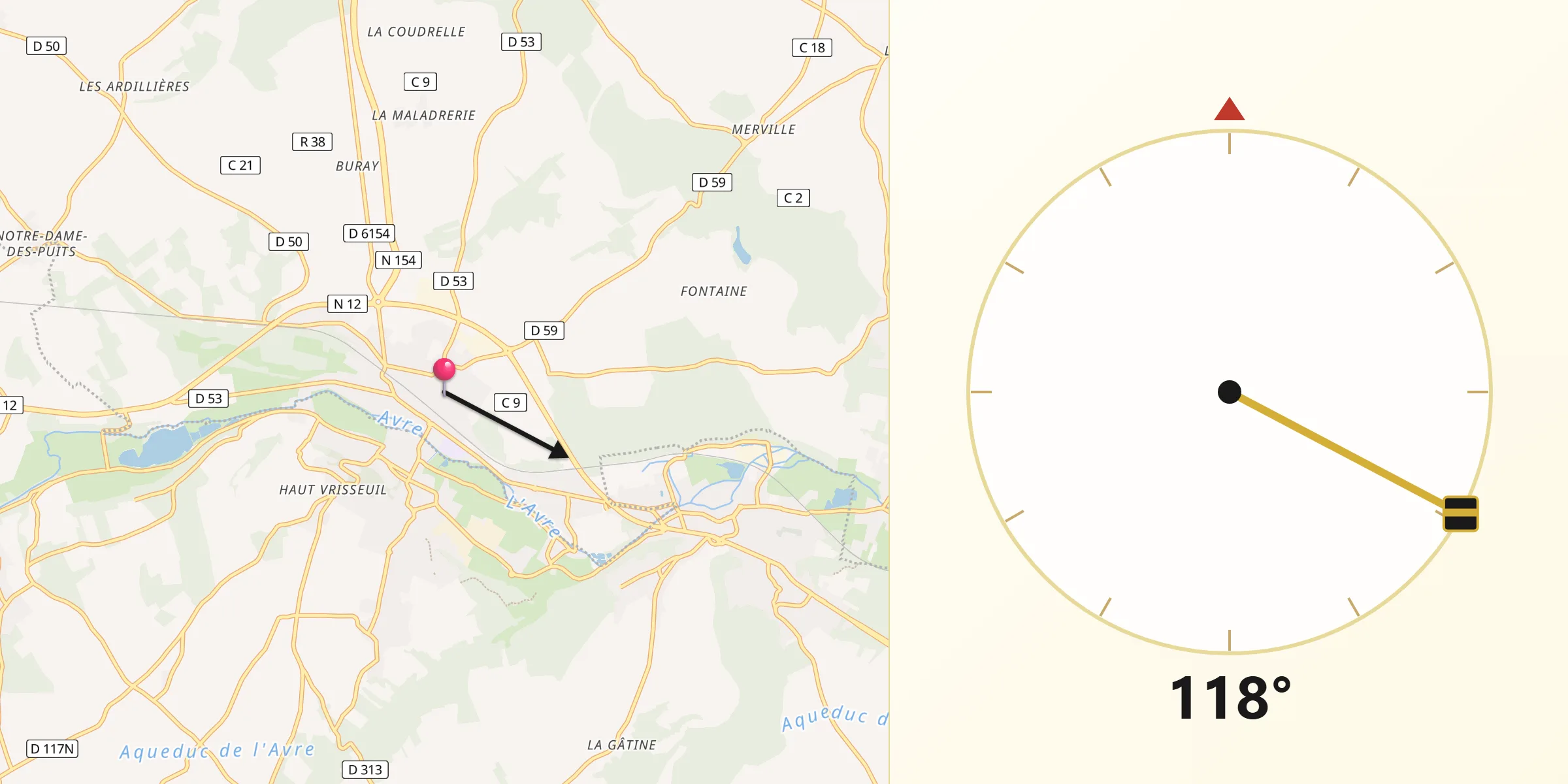 Direction vers la Qibla depuis La Madeleine-de-Nonancourt