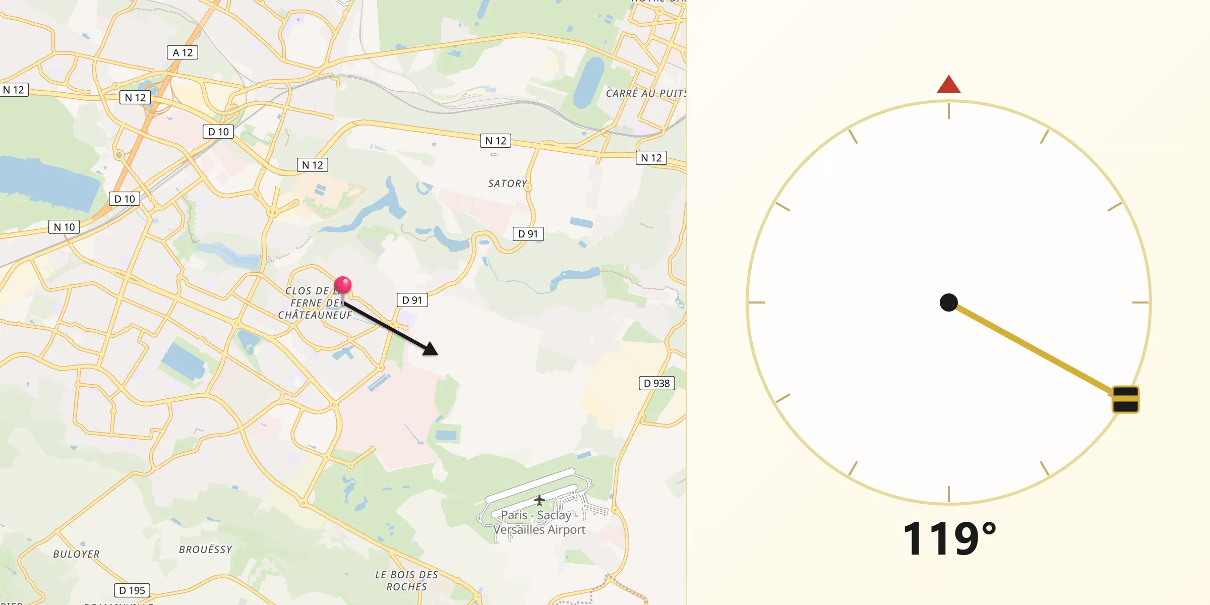 Direction vers la Qibla depuis Guyancourt