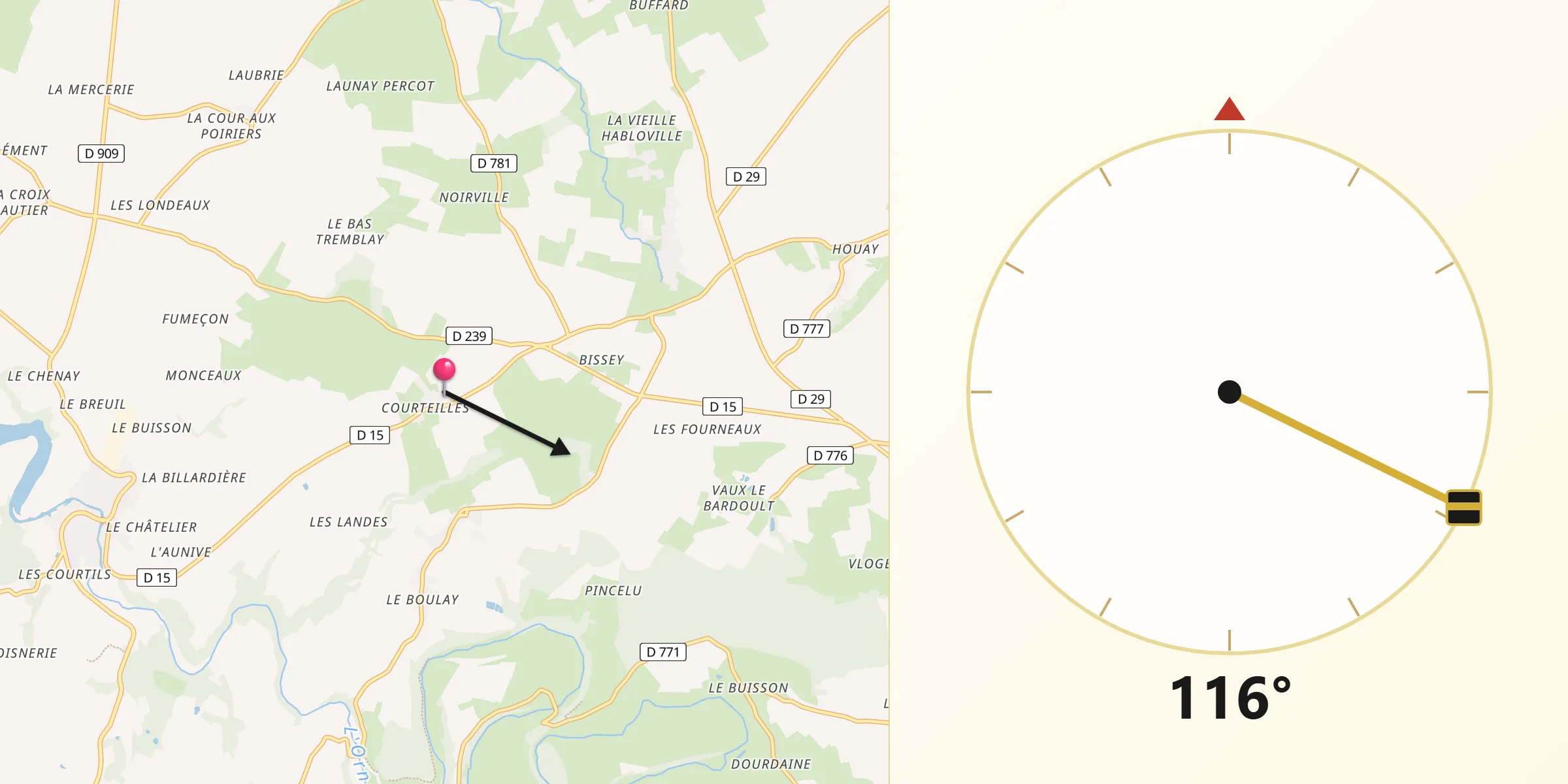 Direction vers la Qibla depuis Courteilles